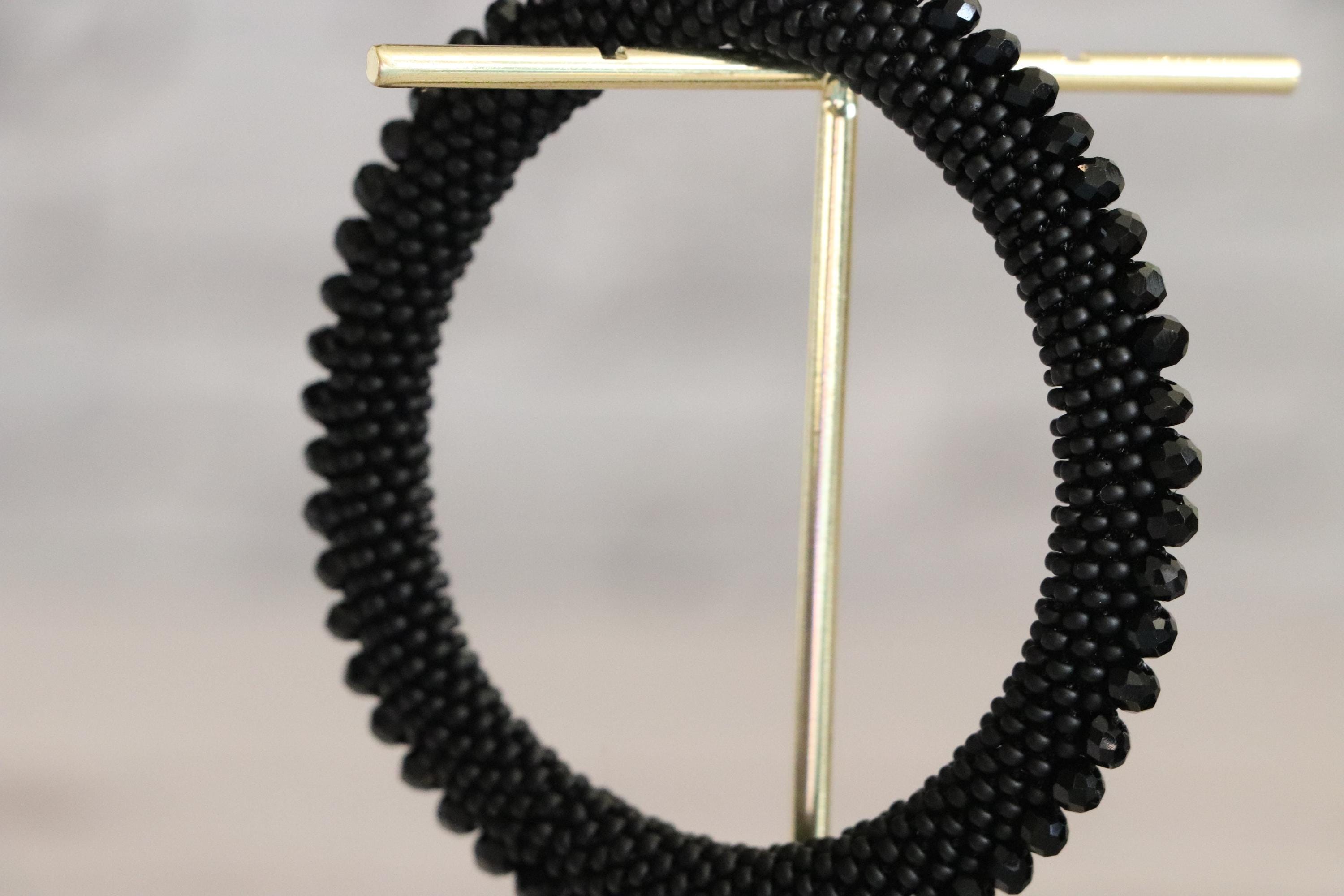 Matte Black Sand Beads with Crystal Center, Elastic Handmade Bracelet, Minimalist Jewelry Gift