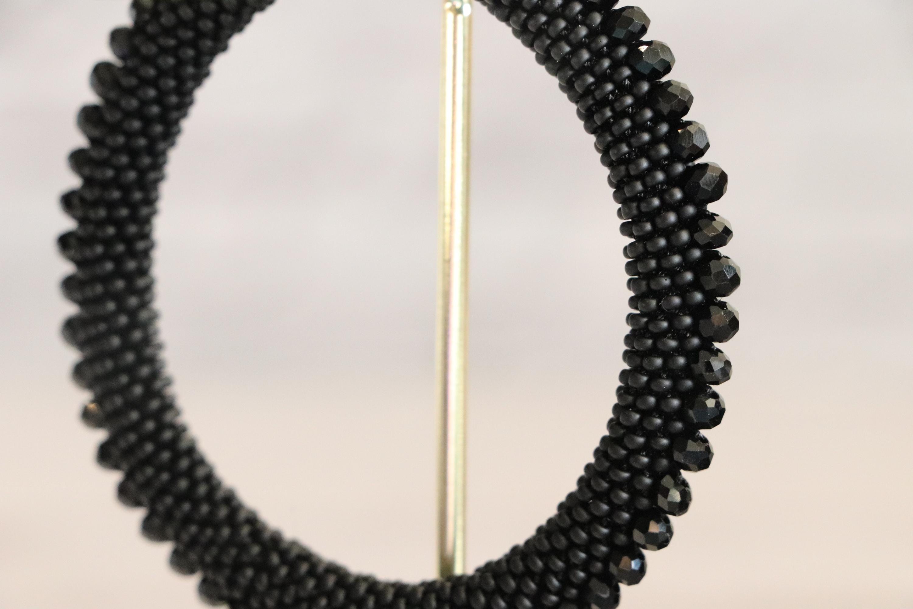 Matte Black Sand Beads with Crystal Center, Elastic Handmade Bracelet, Minimalist Jewelry Gift