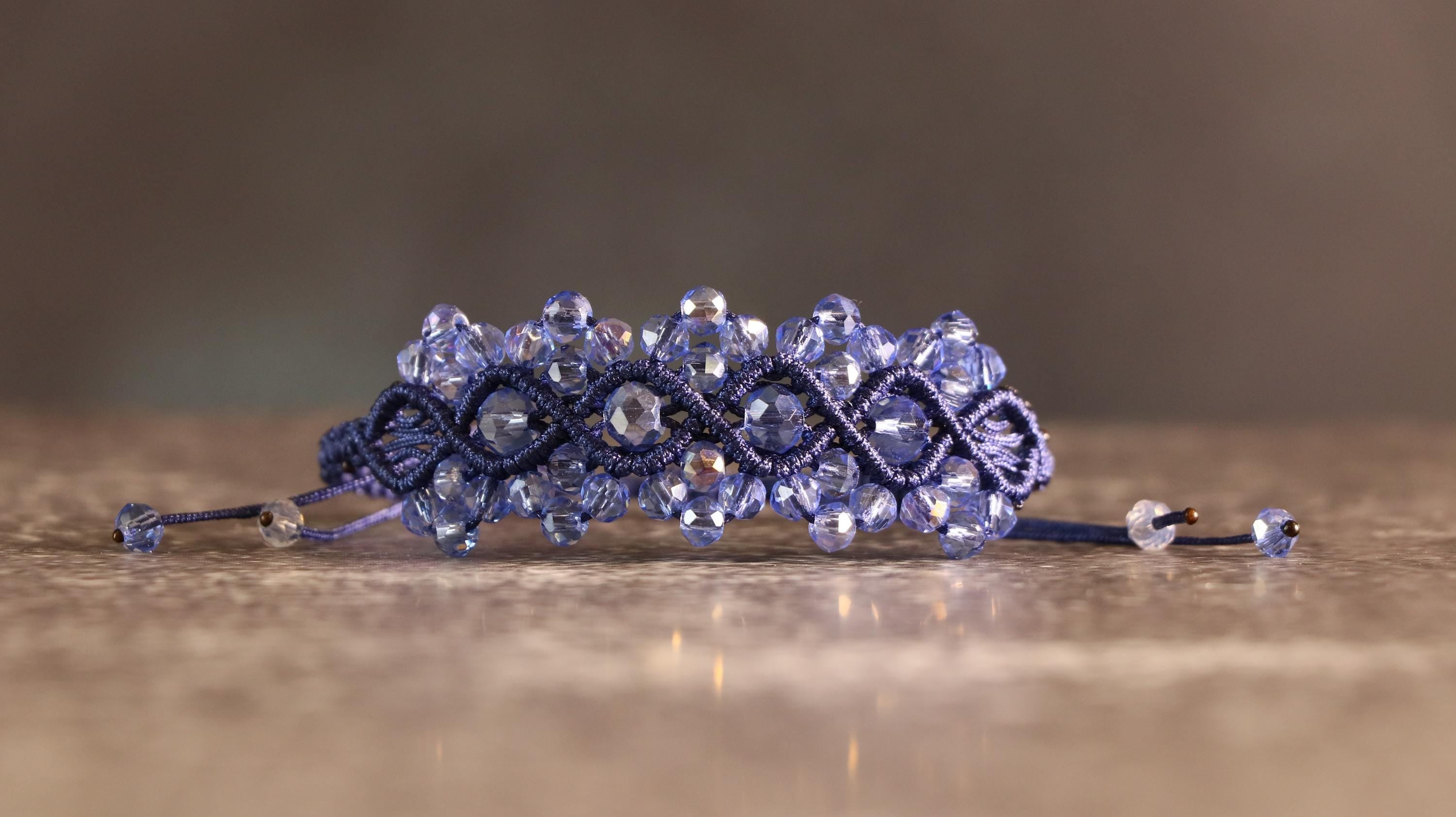 Navy Blue Macrame Bracelet for Women with Light Blue Crystal Beads