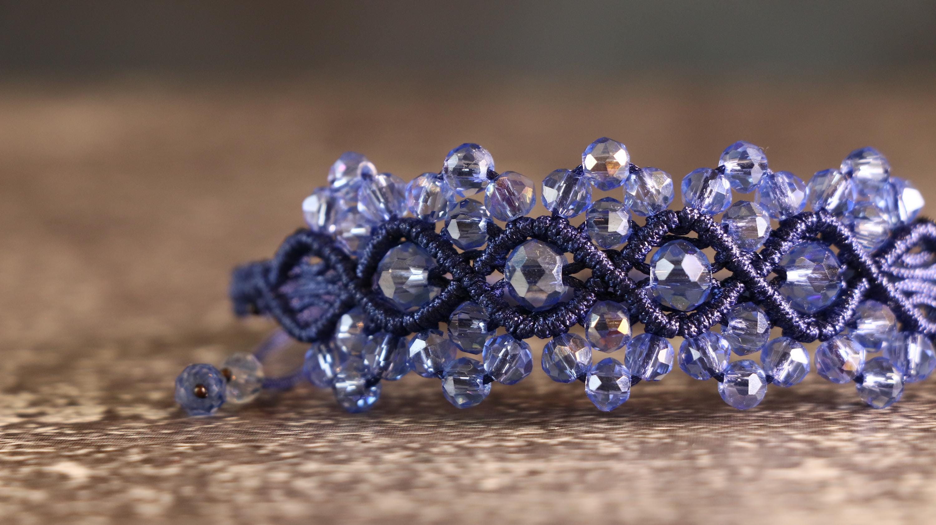 Navy Blue Macrame Bracelet for Women with Light Blue Crystal Beads