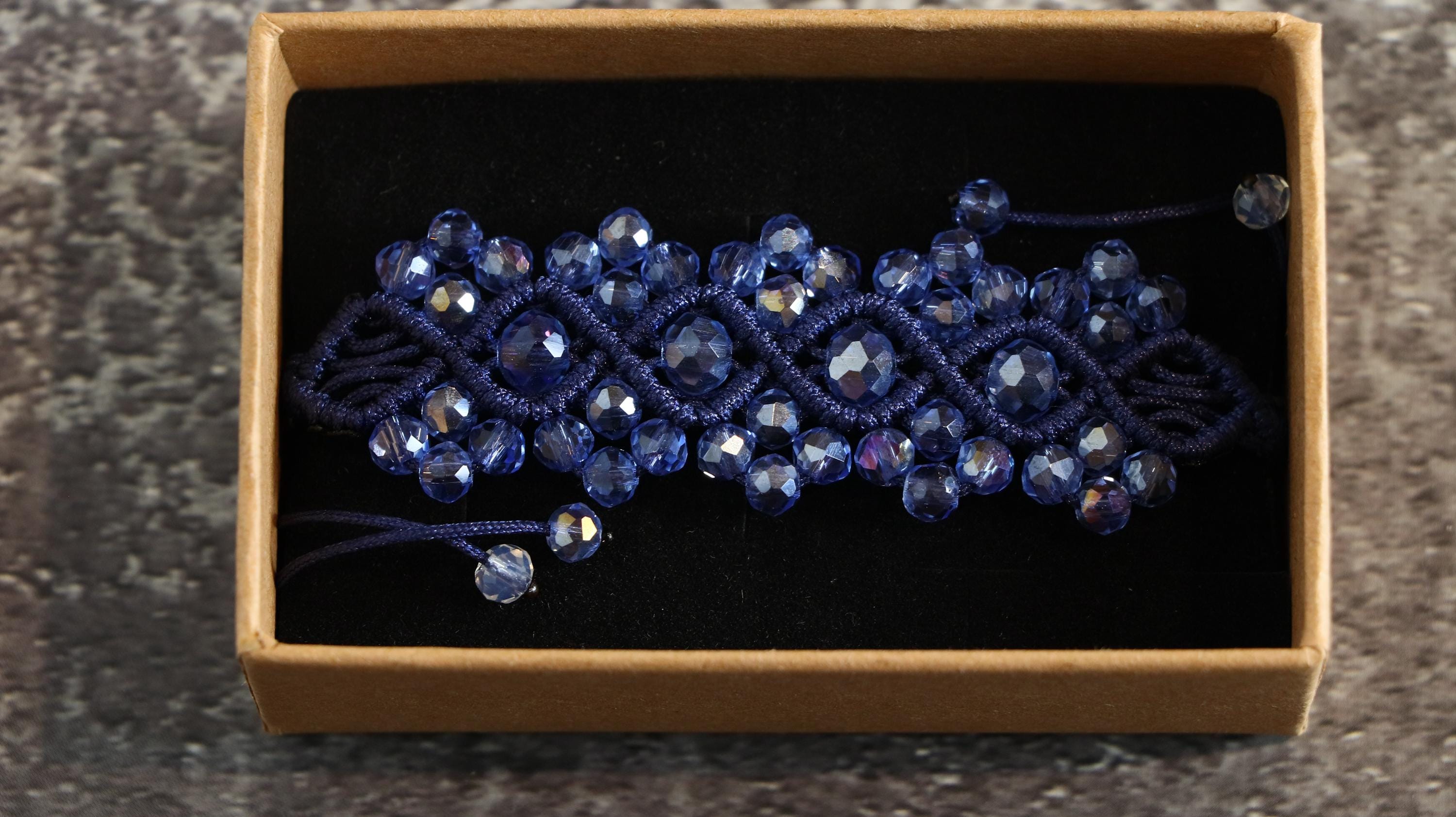 Navy Blue Macrame Bracelet for Women with Light Blue Crystal Beads