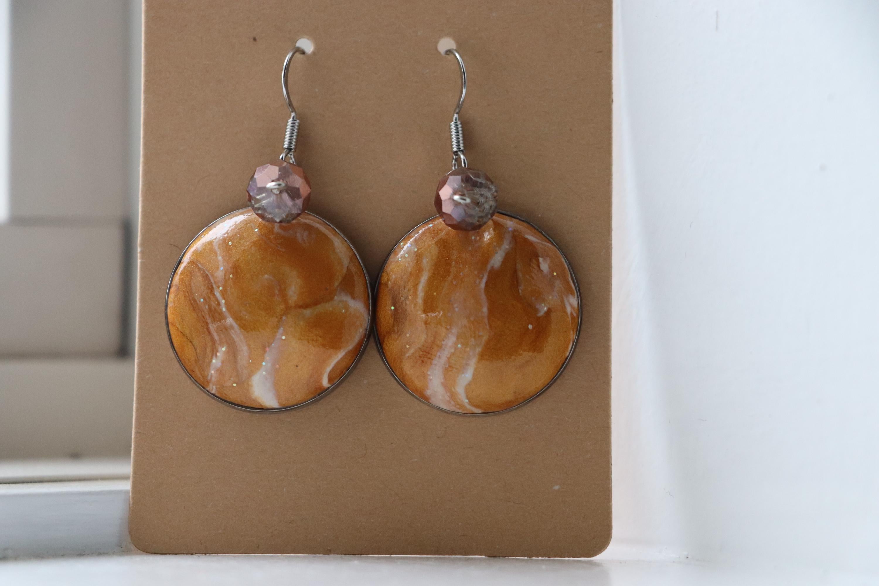 Orange Polymer Clay Earrings with Yellow & White Details – Handmade on Metal Base, Shiny Artistic Gift