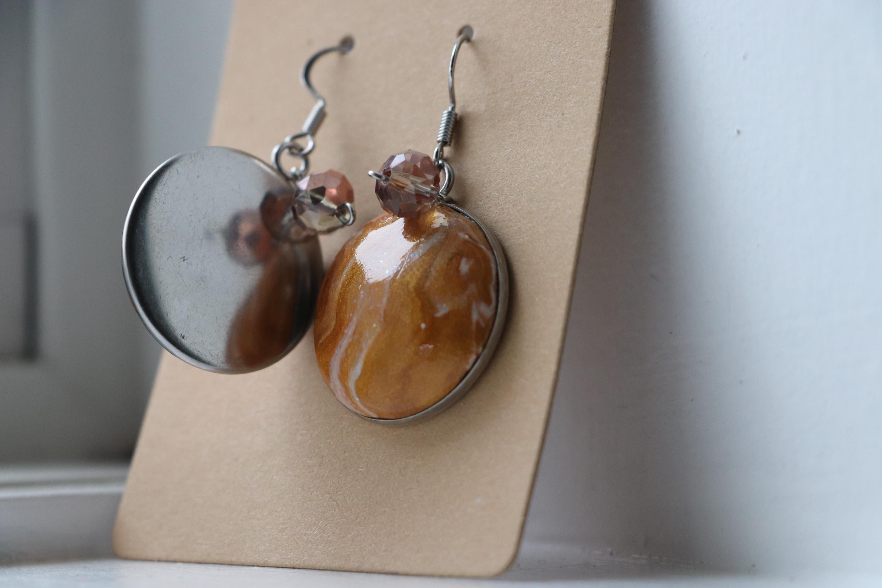 Orange Polymer Clay Earrings with Yellow & White Details – Handmade on Metal Base, Shiny Artistic Gift