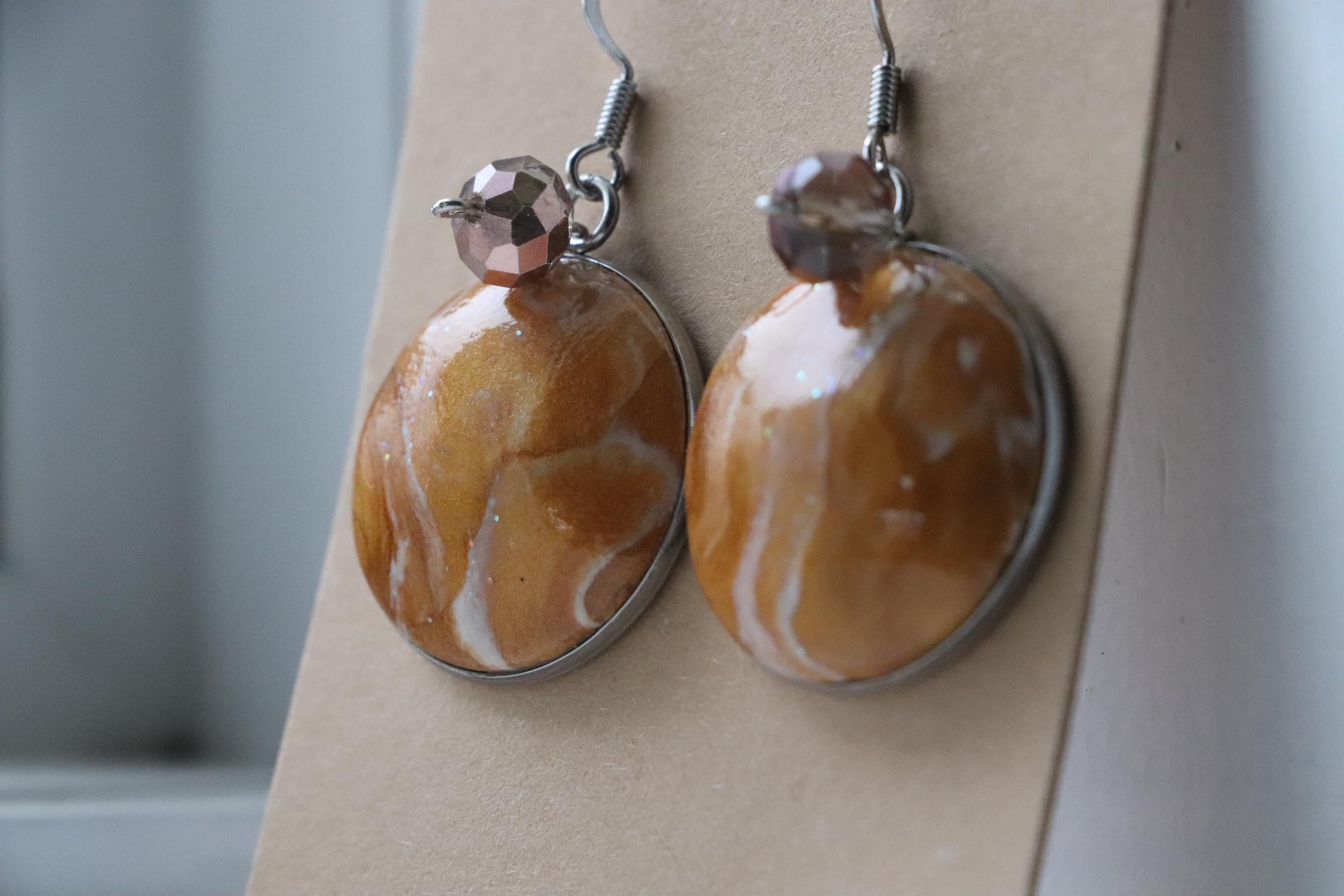Orange Polymer Clay Earrings with Yellow & White Details – Handmade on Metal Base, Shiny Artistic Gift