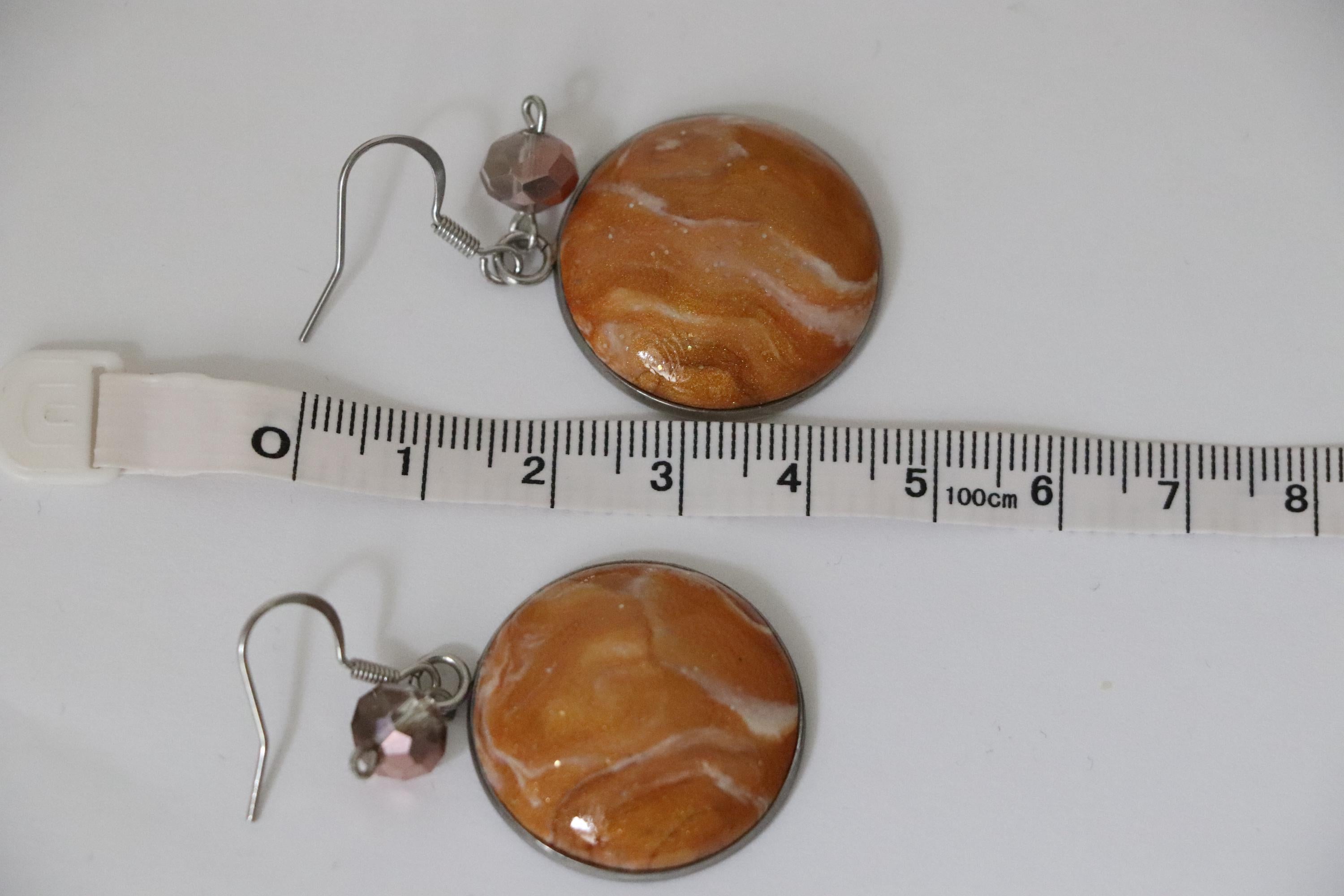 Orange Polymer Clay Earrings with Yellow & White Details – Handmade on Metal Base, Shiny Artistic Gift