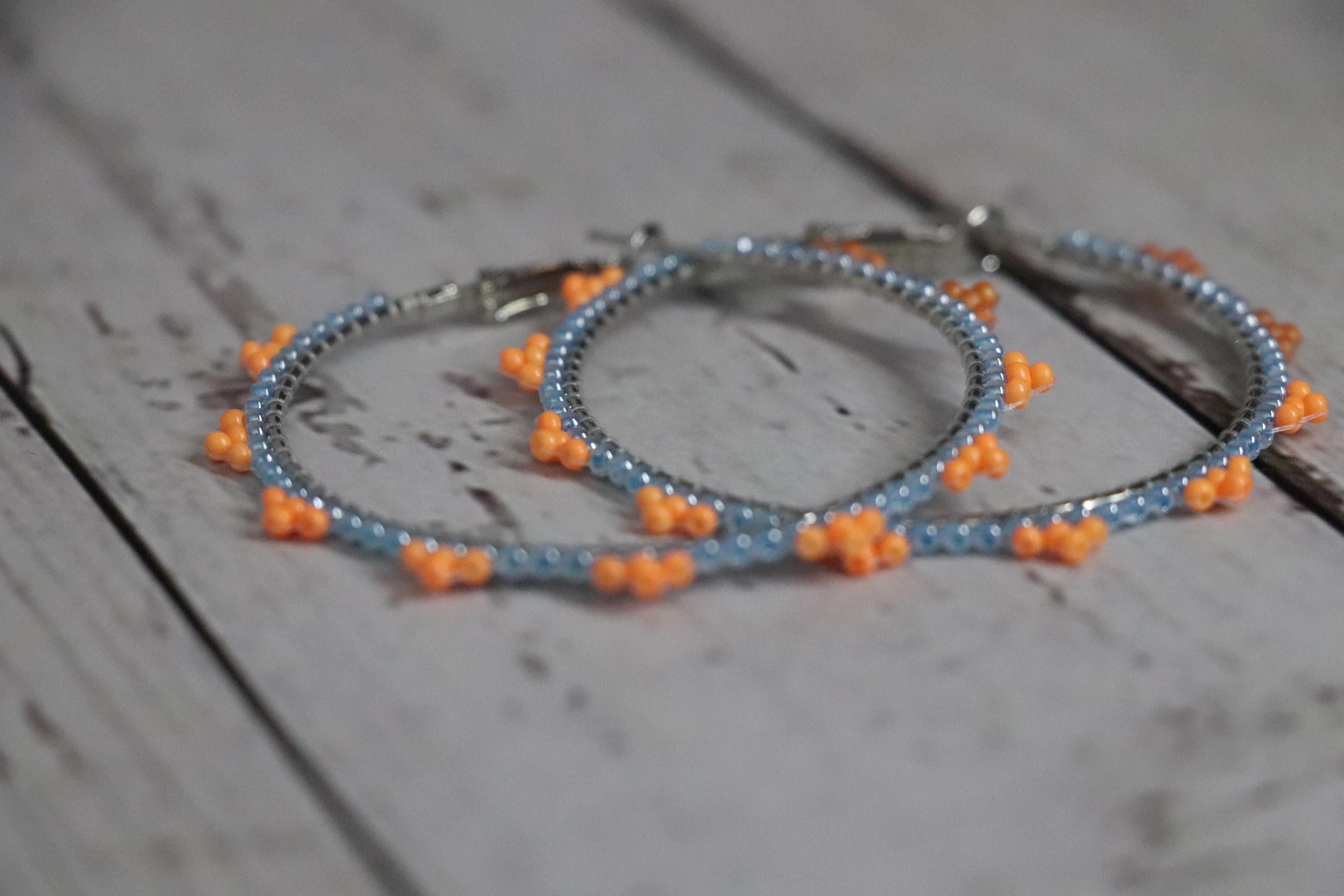 Orange and Light Blue Bead Hoop Earrings
