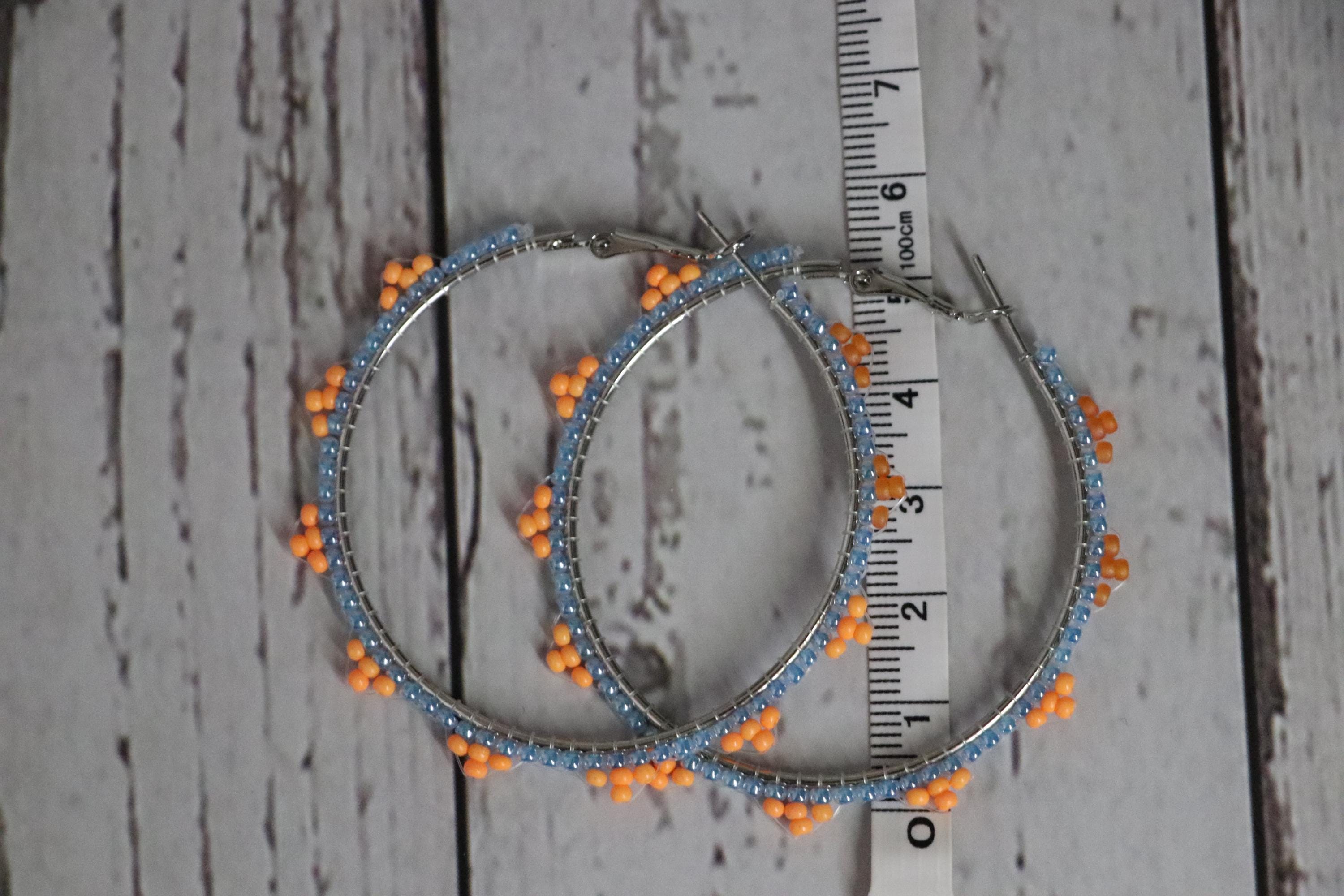 Orange and Light Blue Bead Hoop Earrings