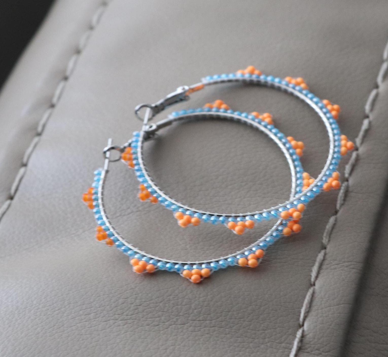 Orange and Light Blue Bead Hoop Earrings