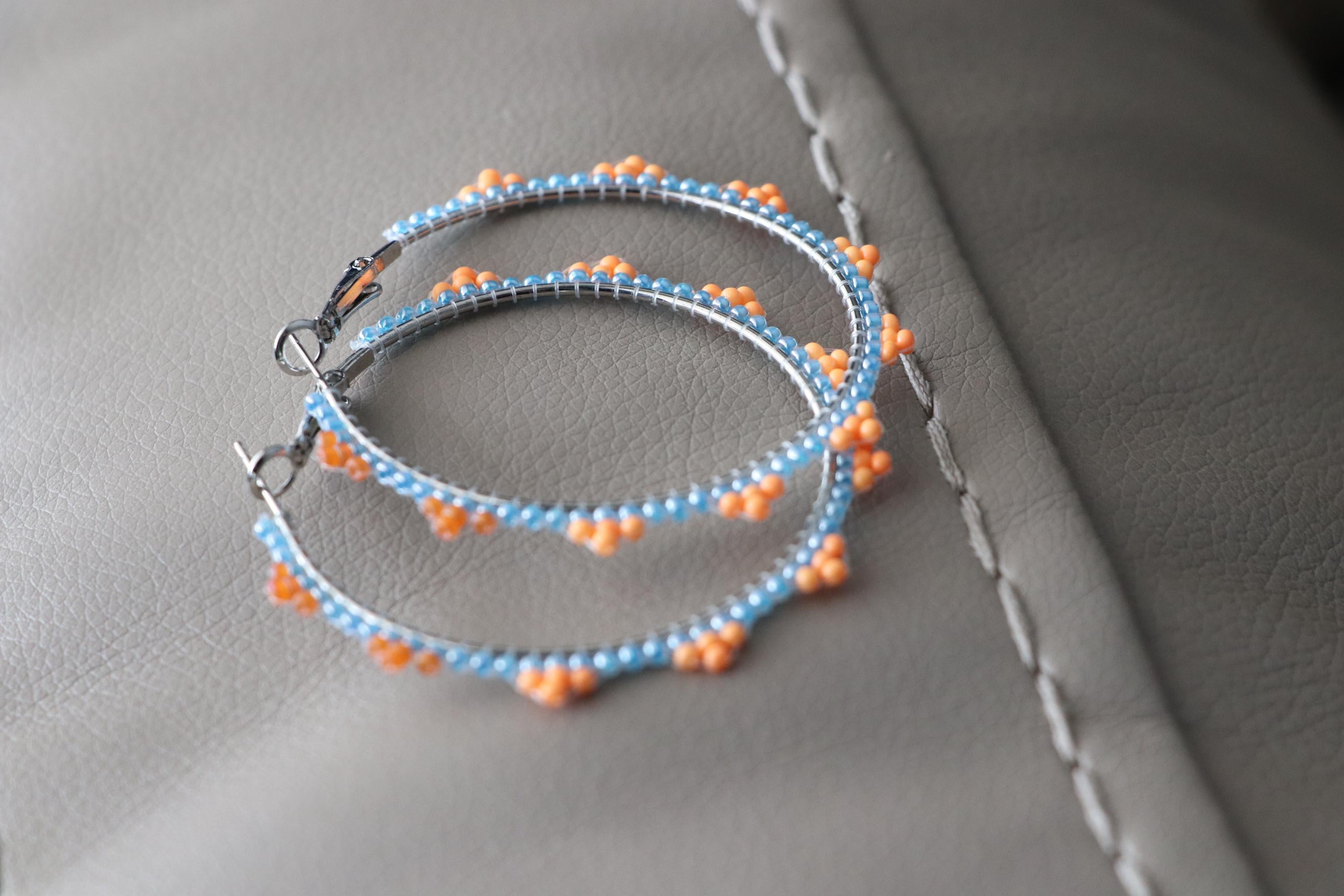 Orange and Light Blue Bead Hoop Earrings