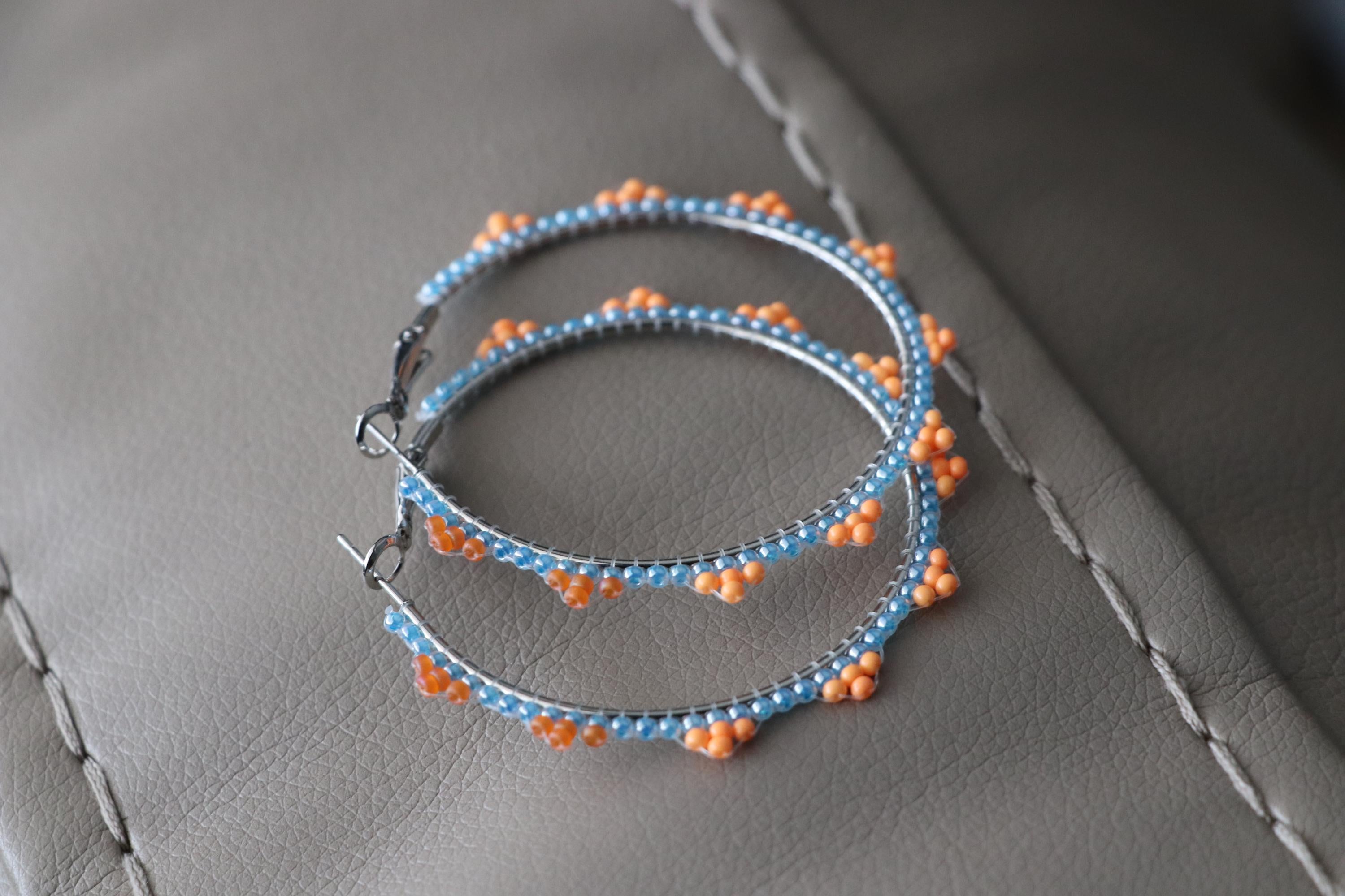 Orange and Light Blue Bead Hoop Earrings
