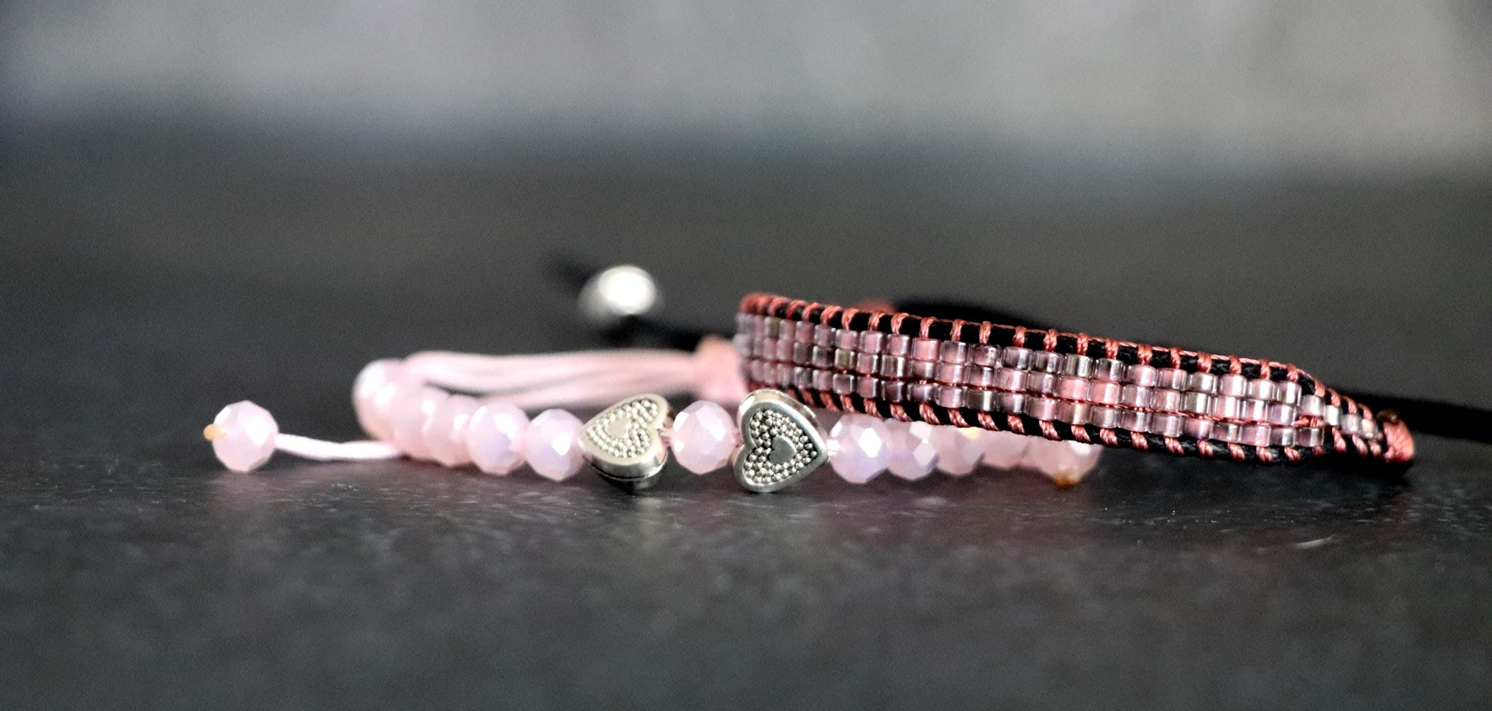 Pink Beaded Bracelet Set04 – Handmade Needle Threading & Crystal Bracelet – 2-Piece Feminine Combo