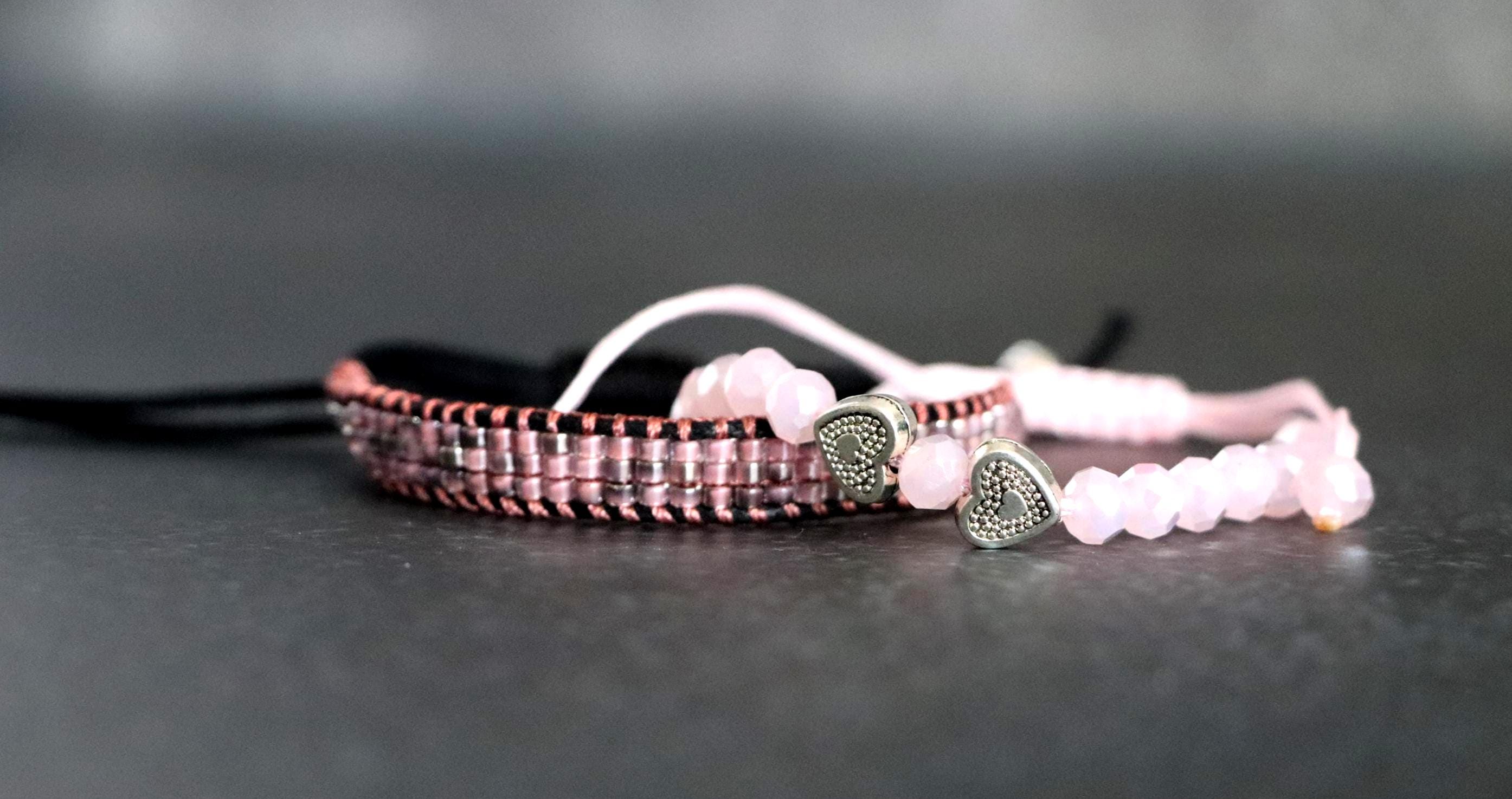 Pink Beaded Bracelet Set04 – Handmade Needle Threading & Crystal Bracelet – 2-Piece Feminine Combo