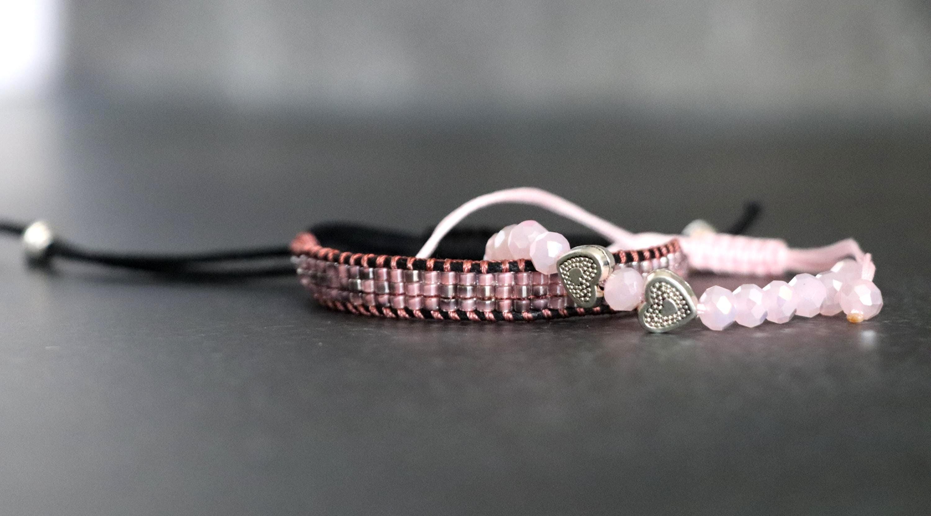 Pink Beaded Bracelet Set04 – Handmade Needle Threading & Crystal Bracelet – 2-Piece Feminine Combo