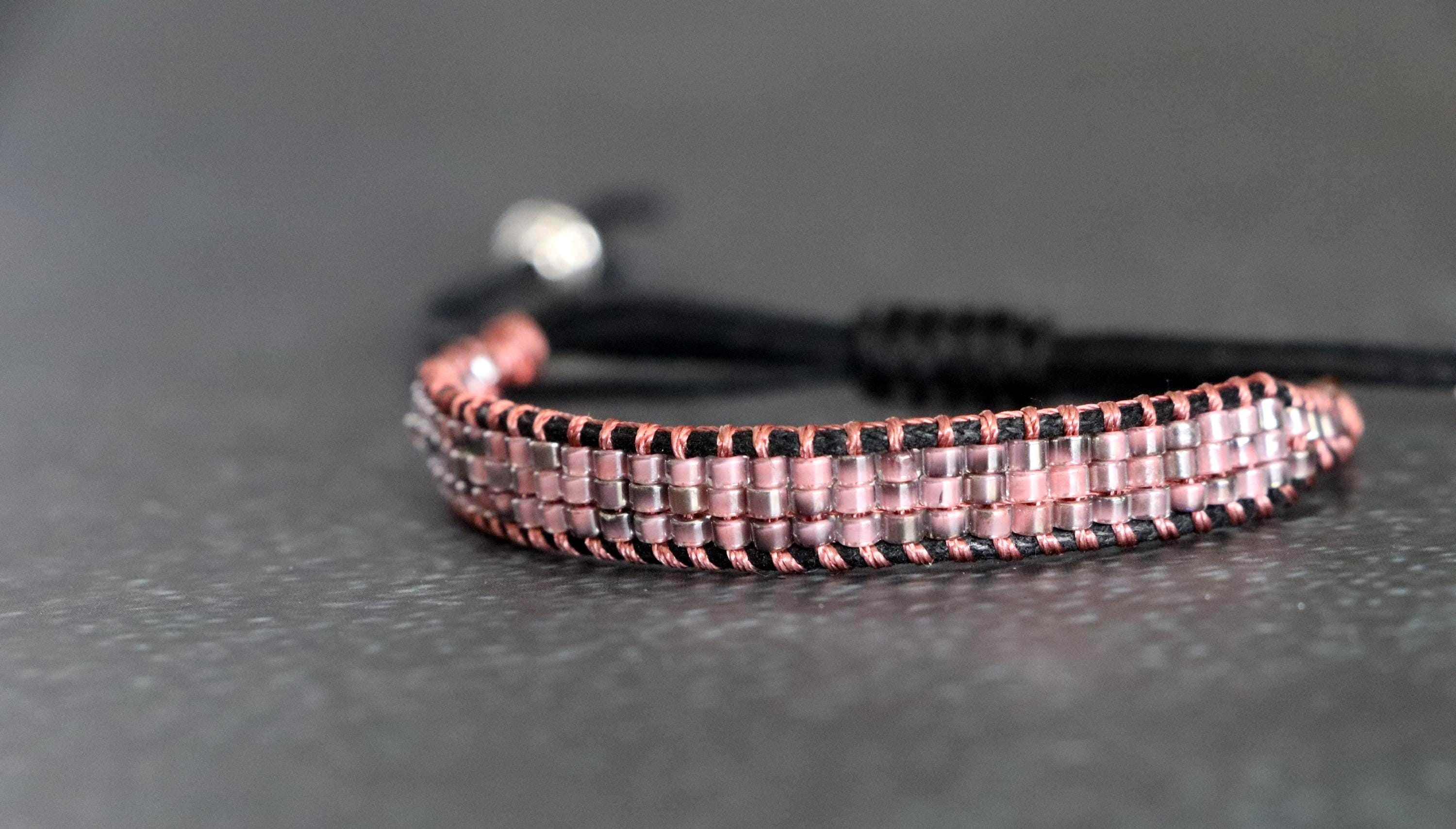 Pink Beaded Bracelet Set04 – Handmade Needle Threading & Crystal Bracelet – 2-Piece Feminine Combo