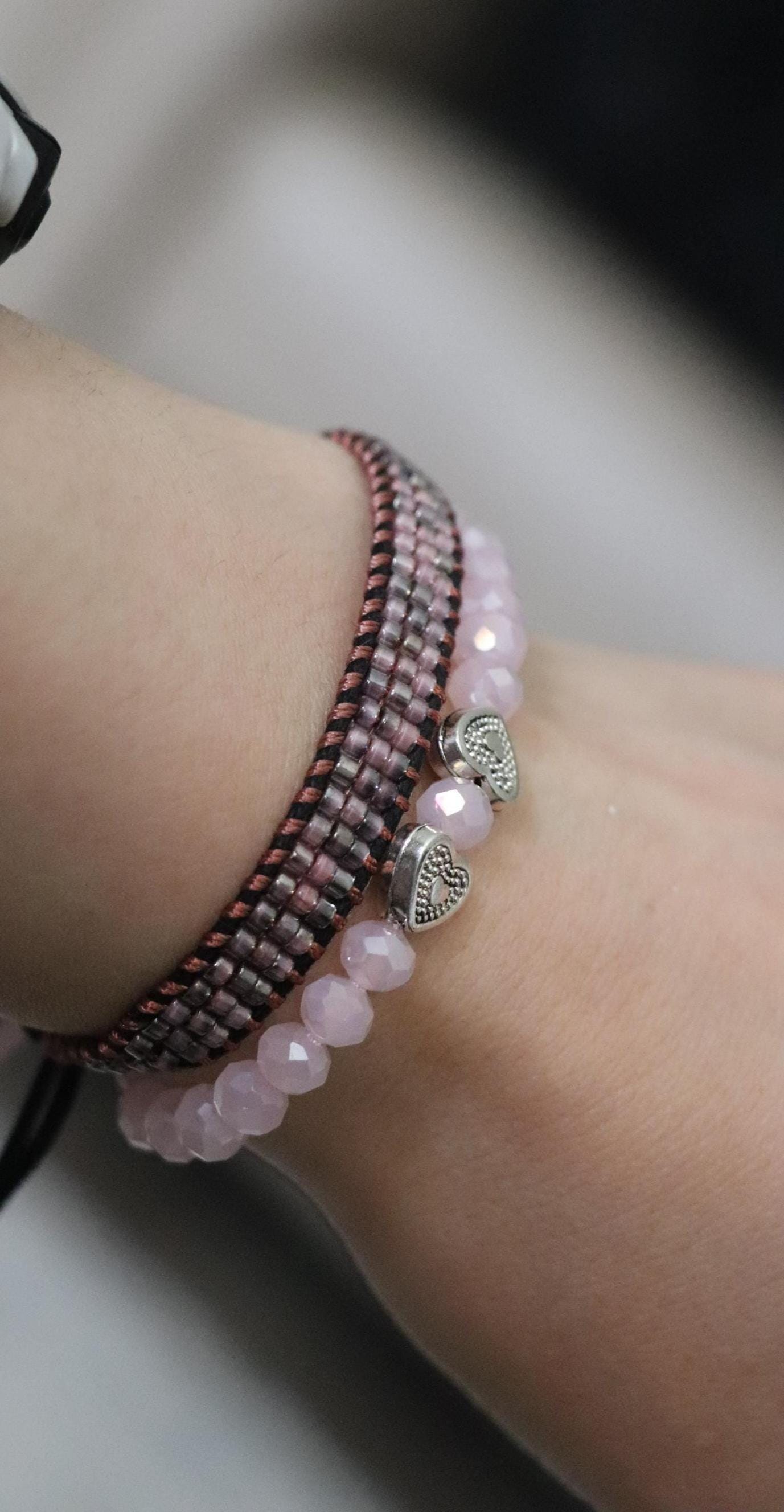 Pink Beaded Bracelet Set04 – Handmade Needle Threading & Crystal Bracelet – 2-Piece Feminine Combo