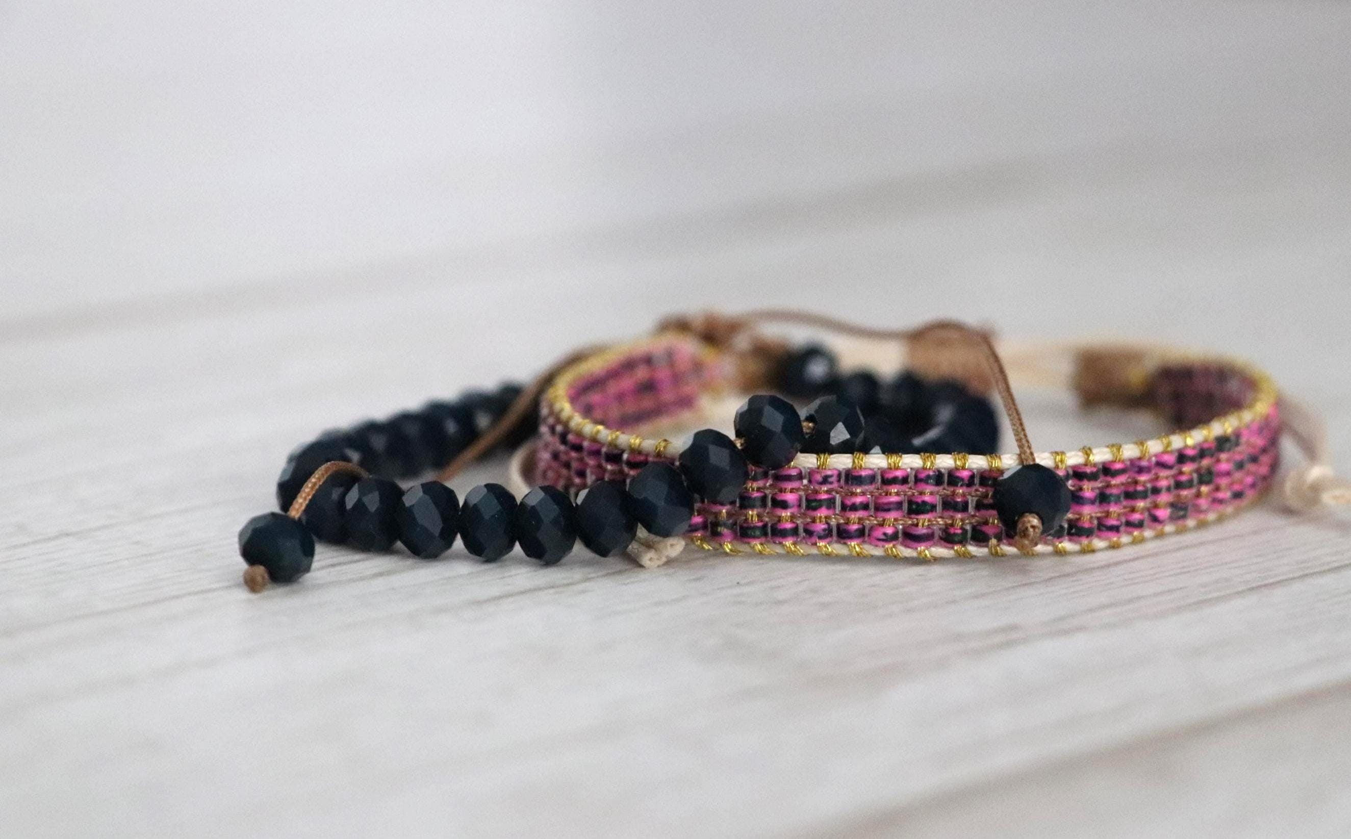 Pink Needlework Bracelet & Navy Bead Bracelet 09– Handmade Set of 2 Stylish Bracelets