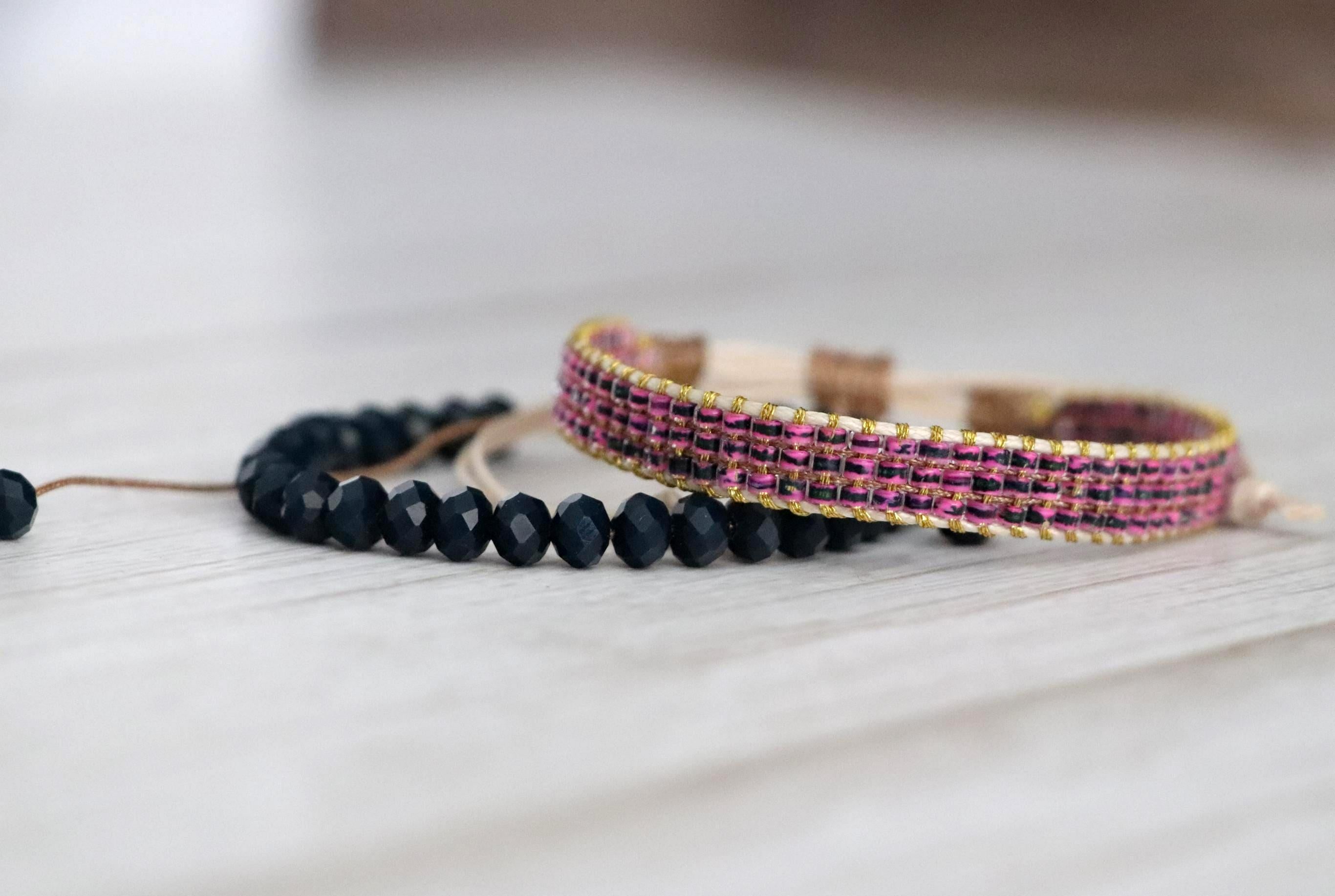 Pink Needlework Bracelet & Navy Bead Bracelet 09– Handmade Set of 2 Stylish Bracelets