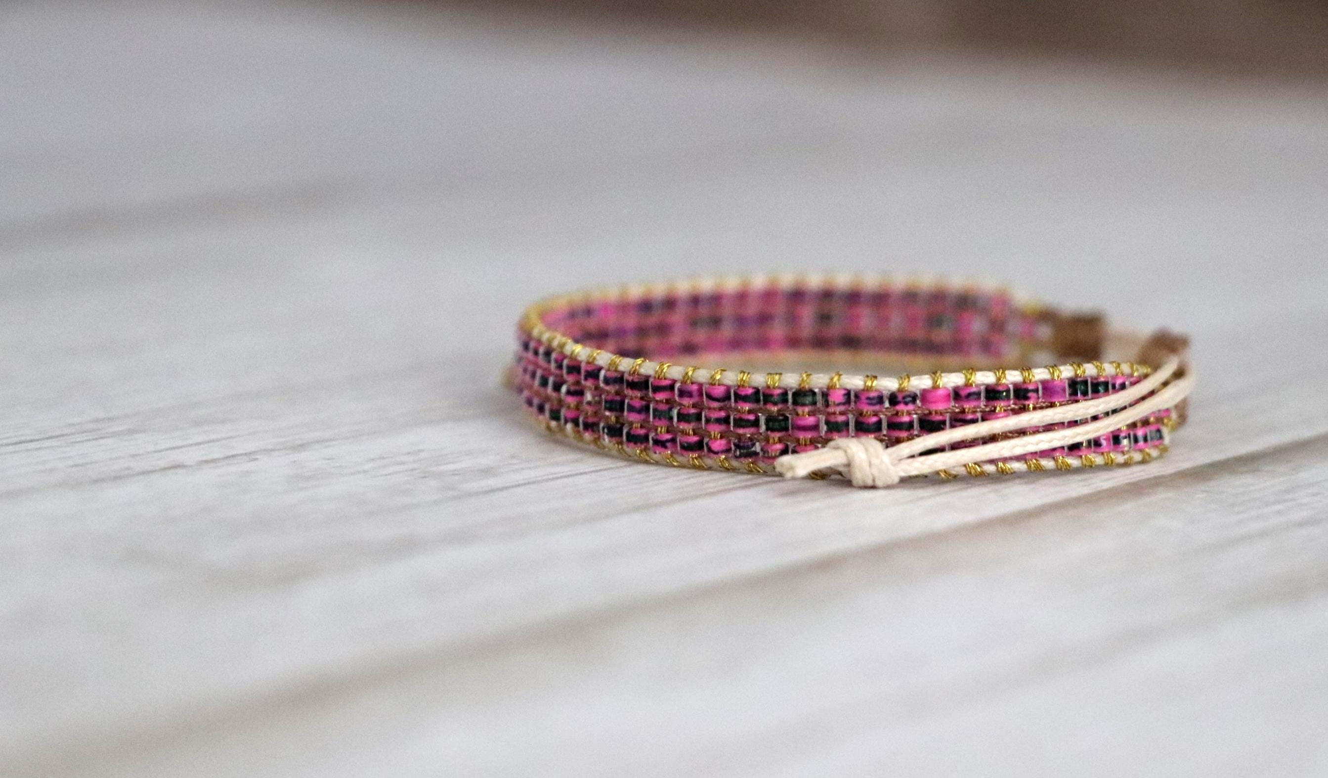 Pink Needlework Bracelet & Navy Bead Bracelet 09– Handmade Set of 2 Stylish Bracelets