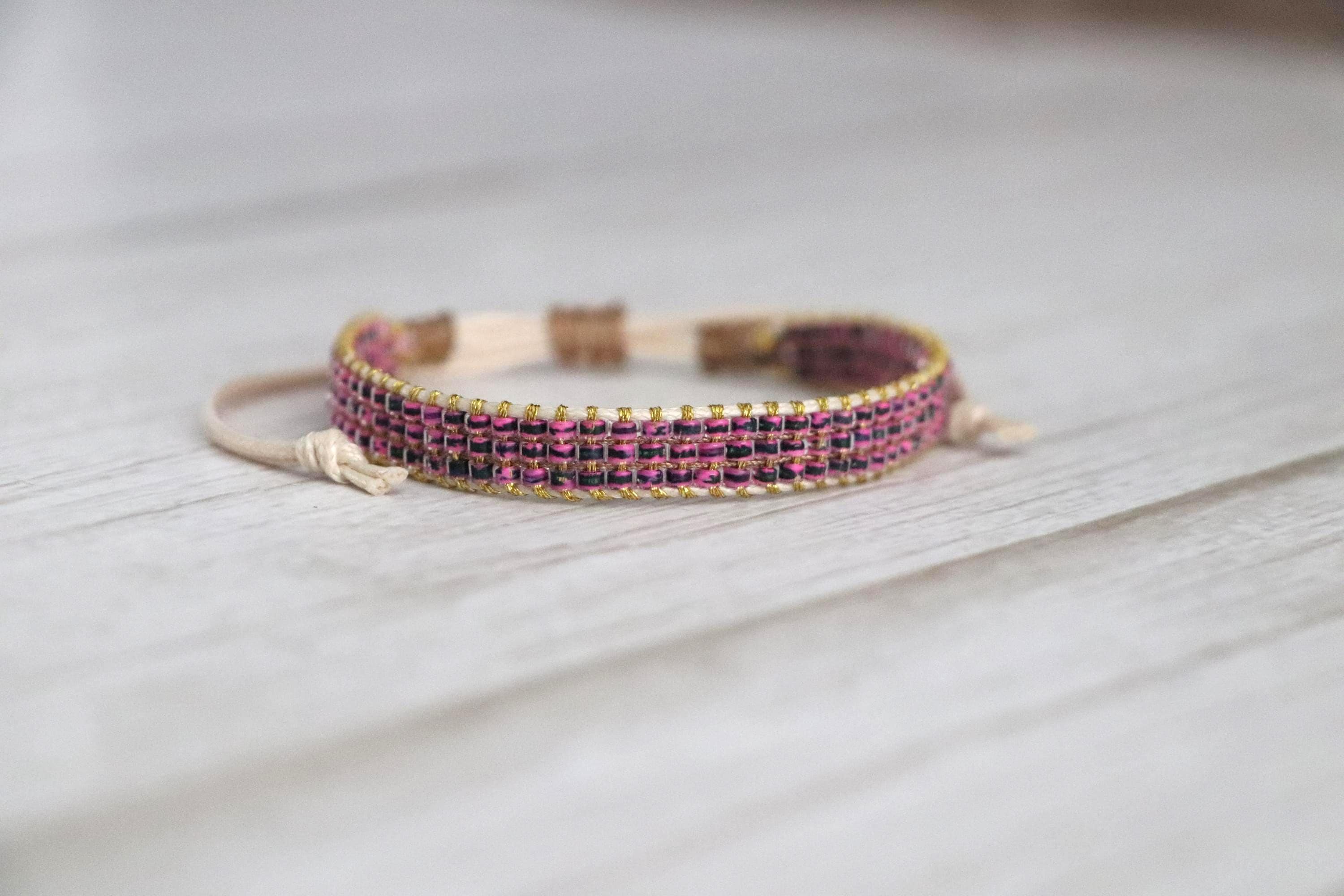 Pink Needlework Bracelet & Navy Bead Bracelet 09– Handmade Set of 2 Stylish Bracelets