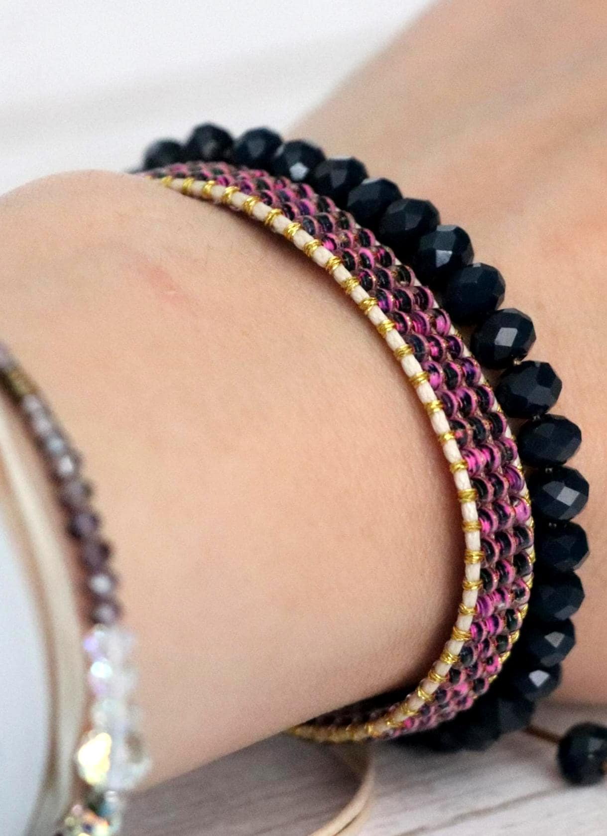 Pink Needlework Bracelet & Navy Bead Bracelet 09– Handmade Set of 2 Stylish Bracelets