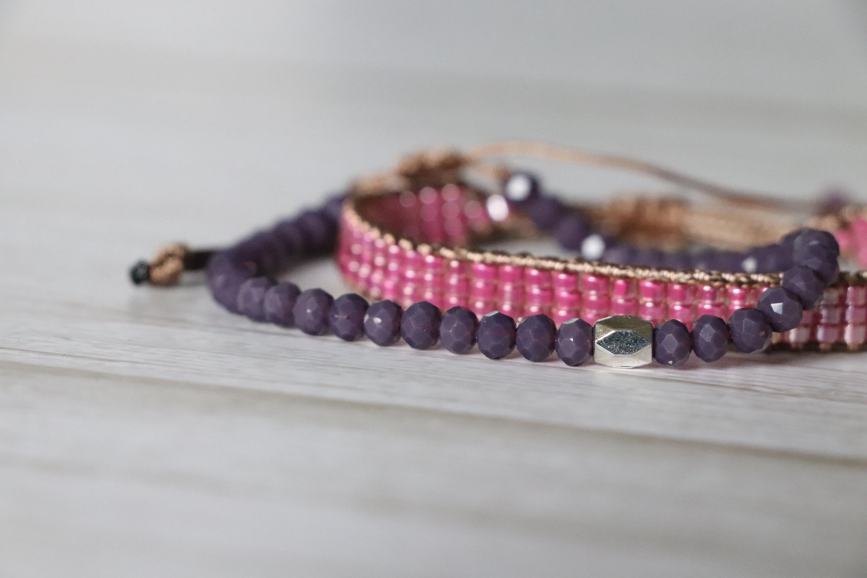 Pink Woven Bracelet & Purple Beaded Bracelet – Handmade Feminine Bracelet Set
