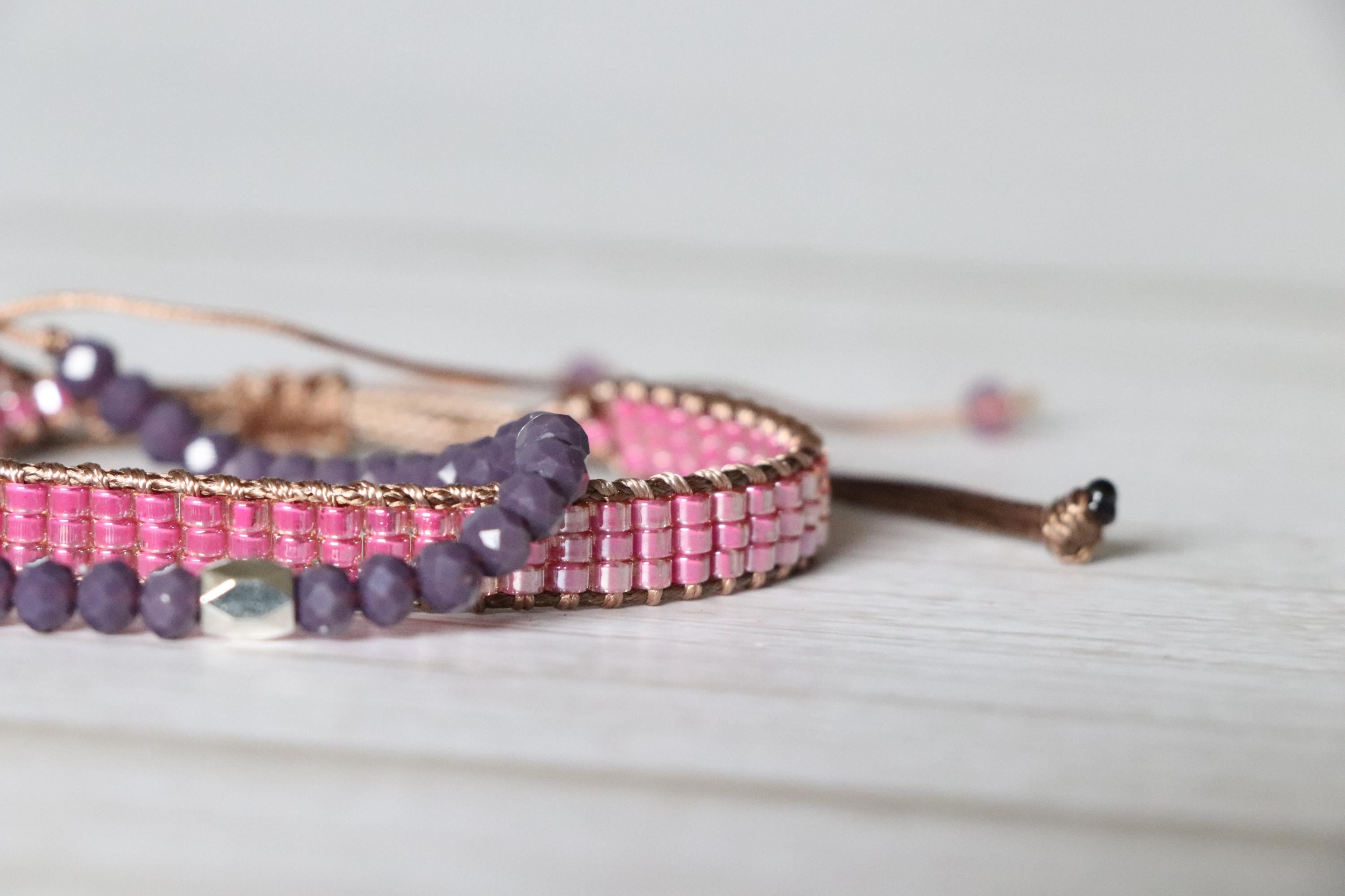 Pink Woven Bracelet & Purple Beaded Bracelet – Handmade Feminine Bracelet Set