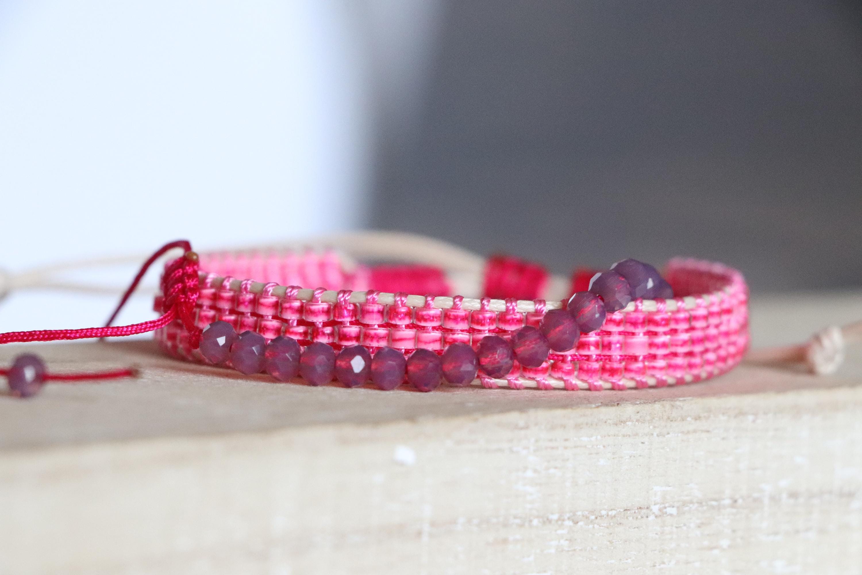 Pink Woven Bracelet and Beaded Bracelet Set – Handmade Gift for Her