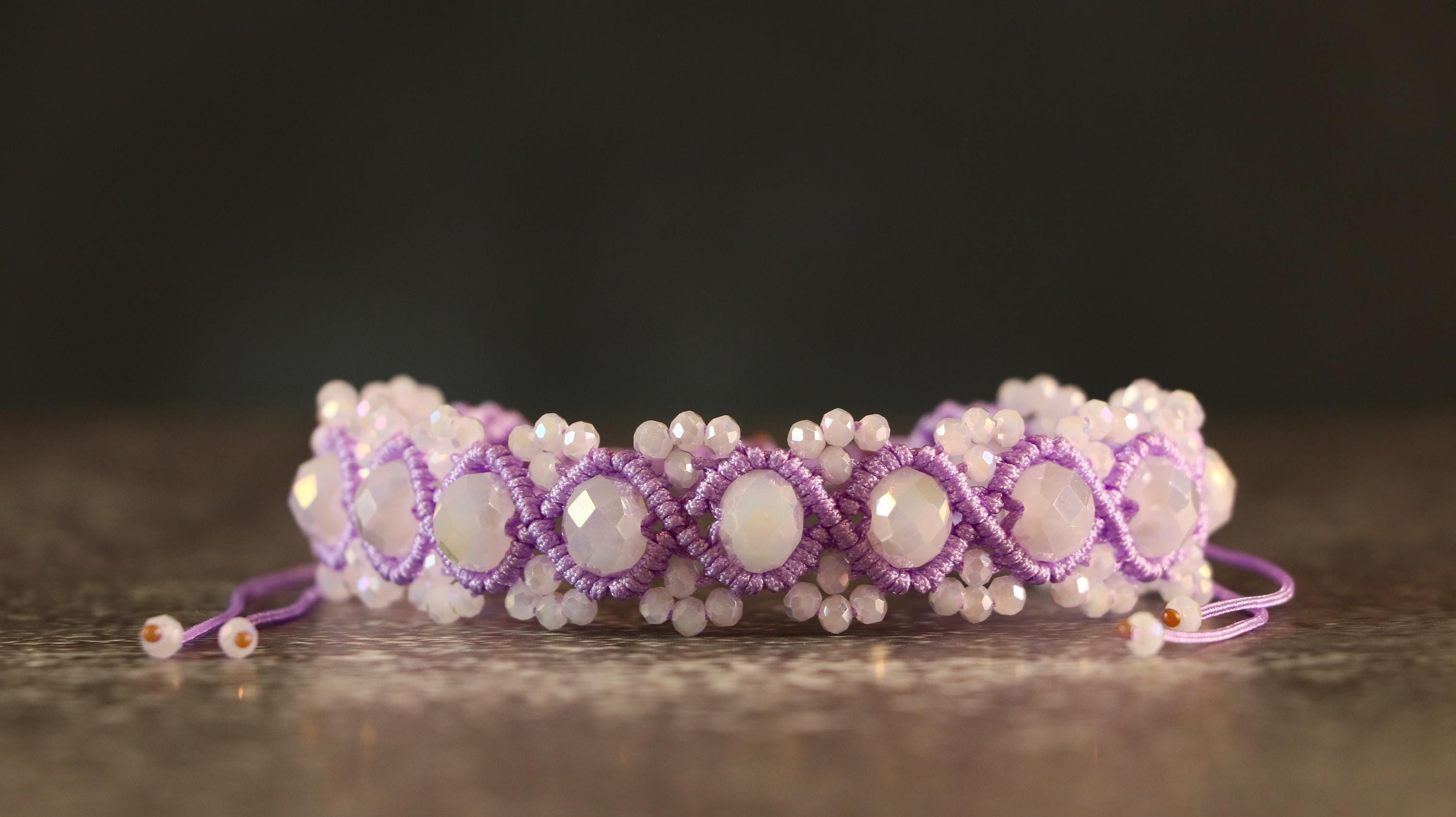 Purple Macrame Bracelet for Women with White Crystal Beads