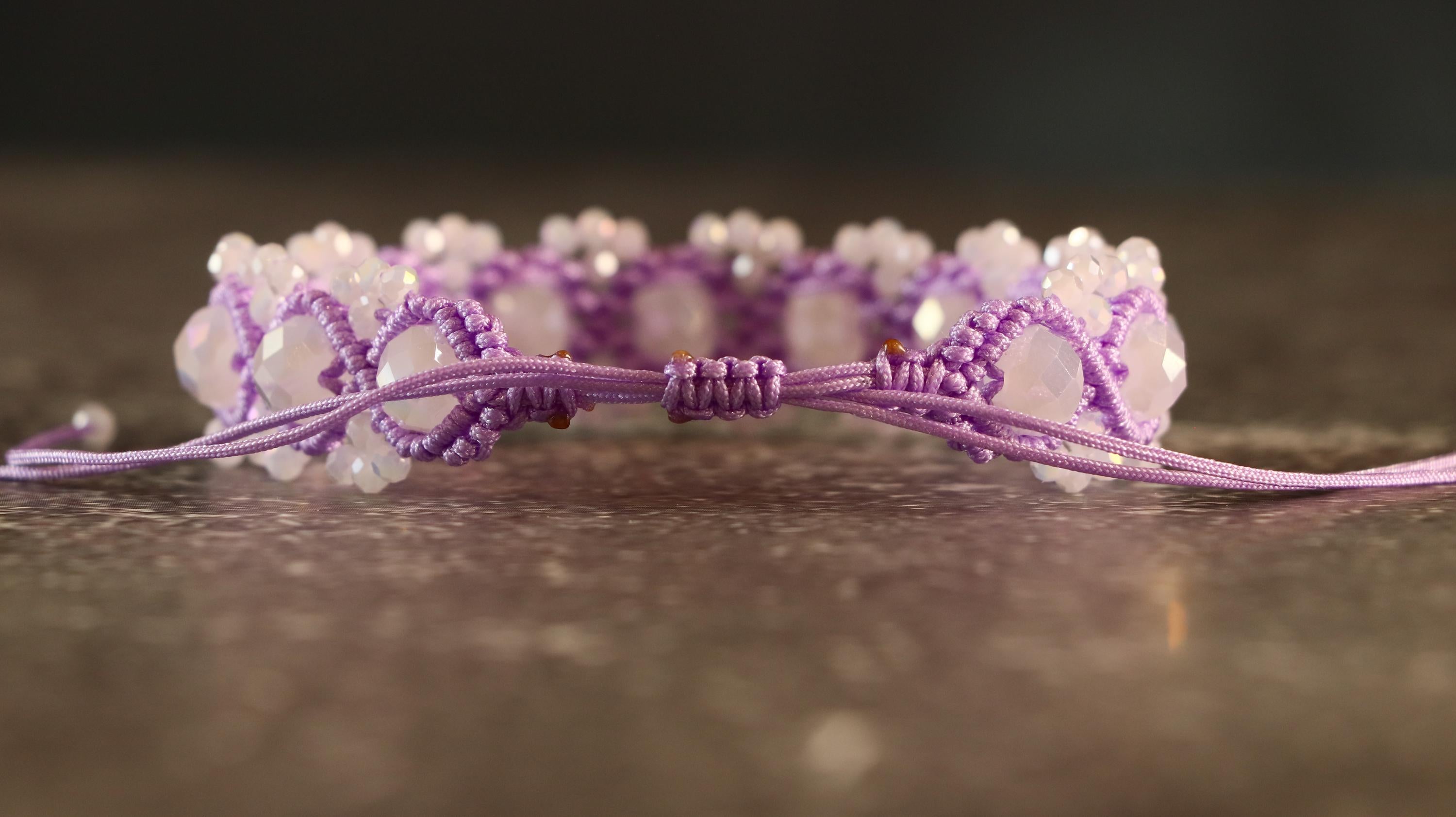 Purple Macrame Bracelet for Women with White Crystal Beads