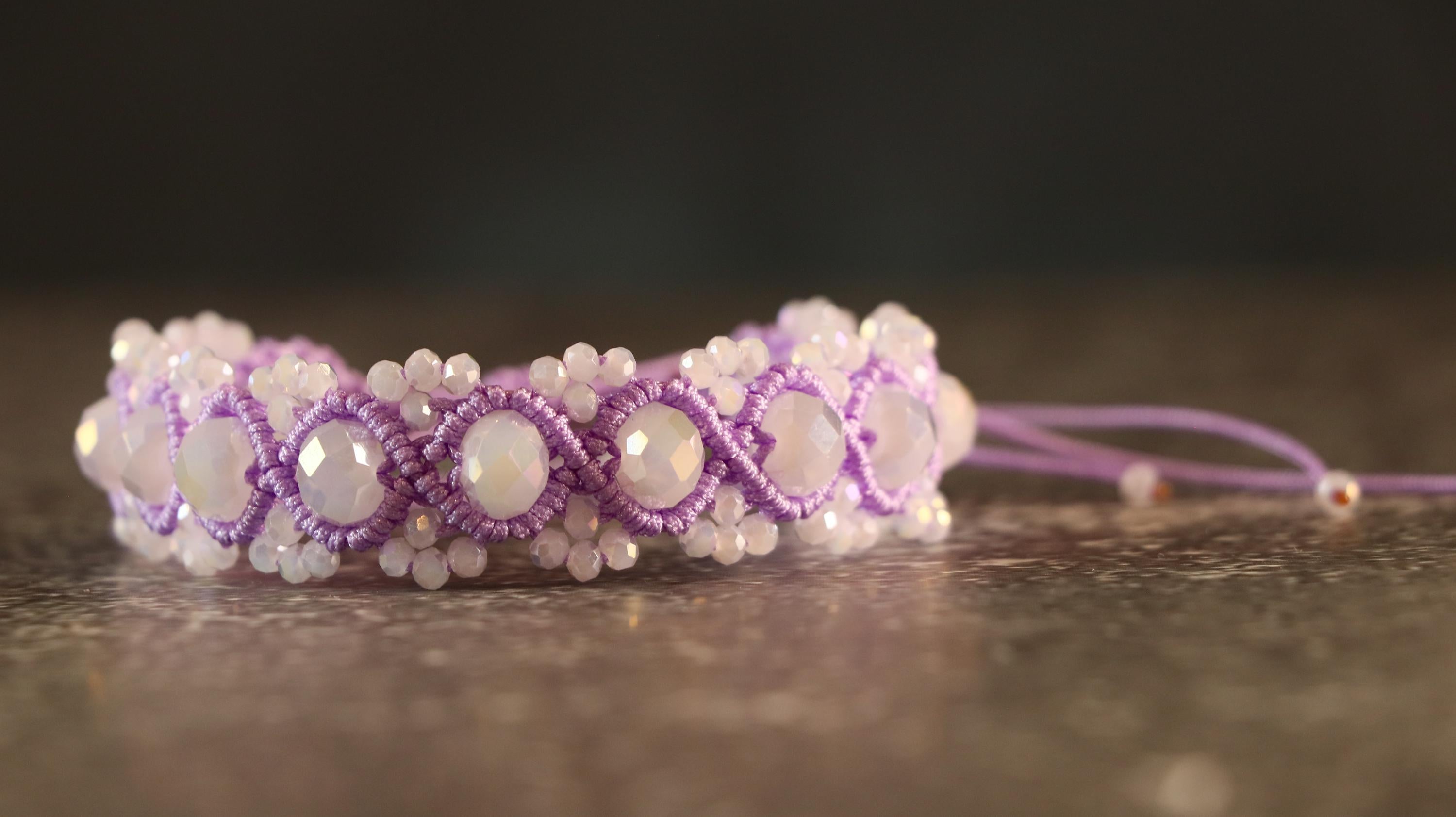Purple Macrame Bracelet for Women with White Crystal Beads