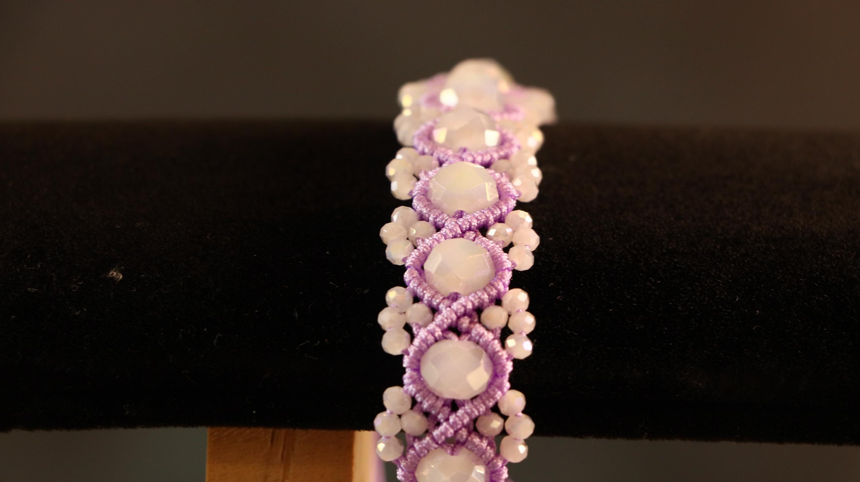 Purple Macrame Bracelet for Women with White Crystal Beads