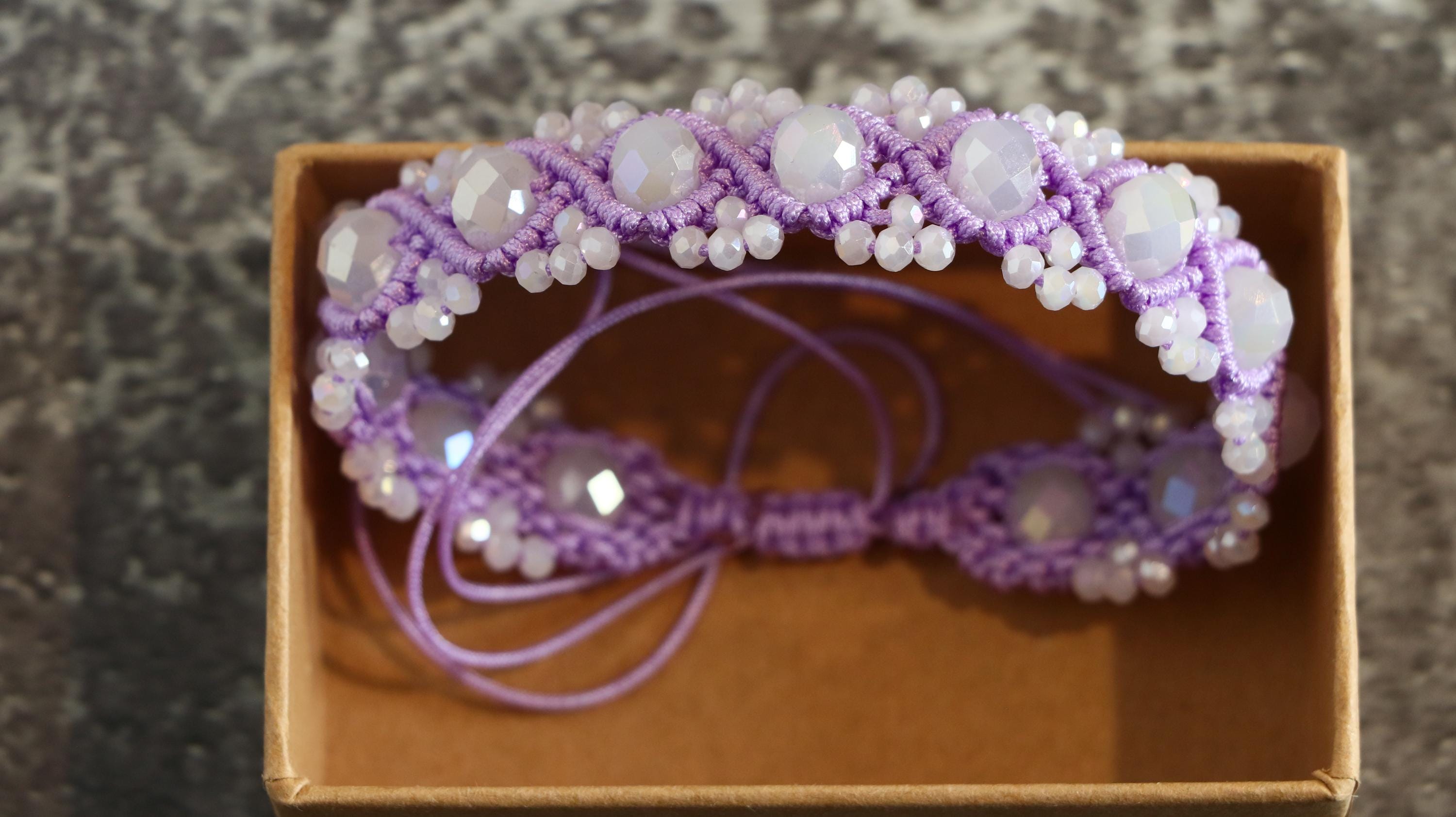Purple Macrame Bracelet for Women with White Crystal Beads