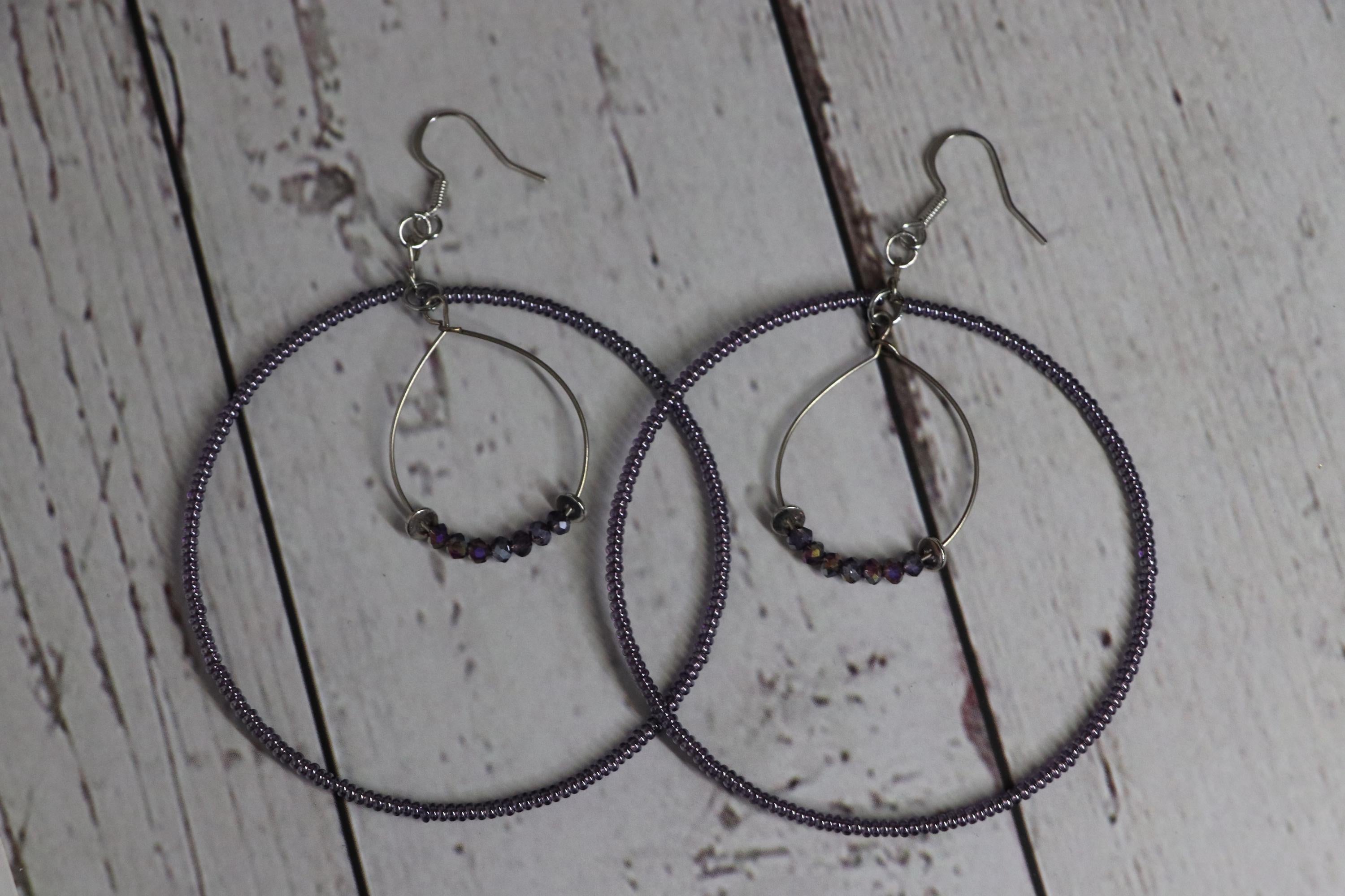 Purple Seed Bead Hoop Earrings