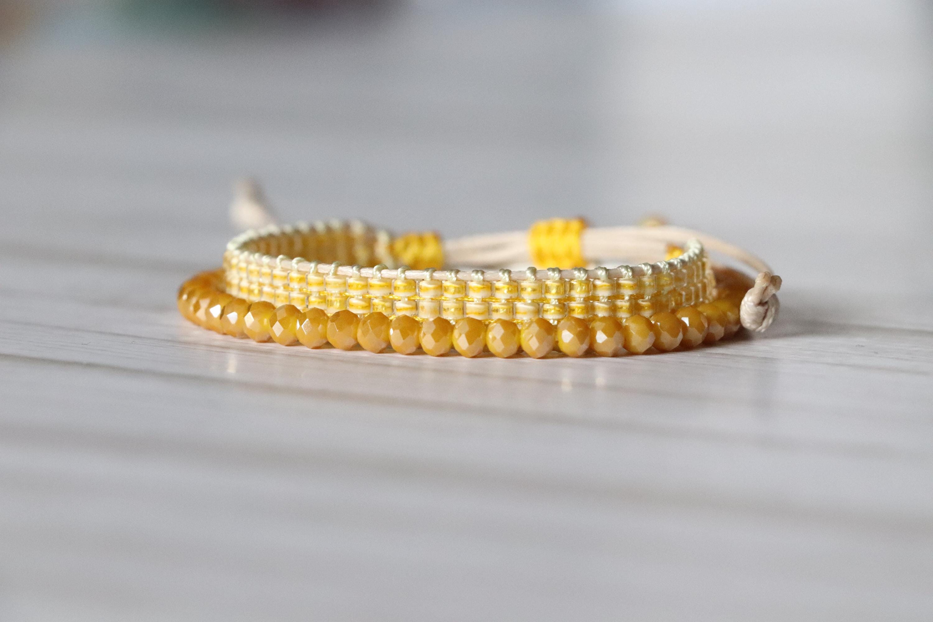 Radiant Yellow Bracelet Set – Handmade Woven and Beaded Bracelets in Bright Yellow
