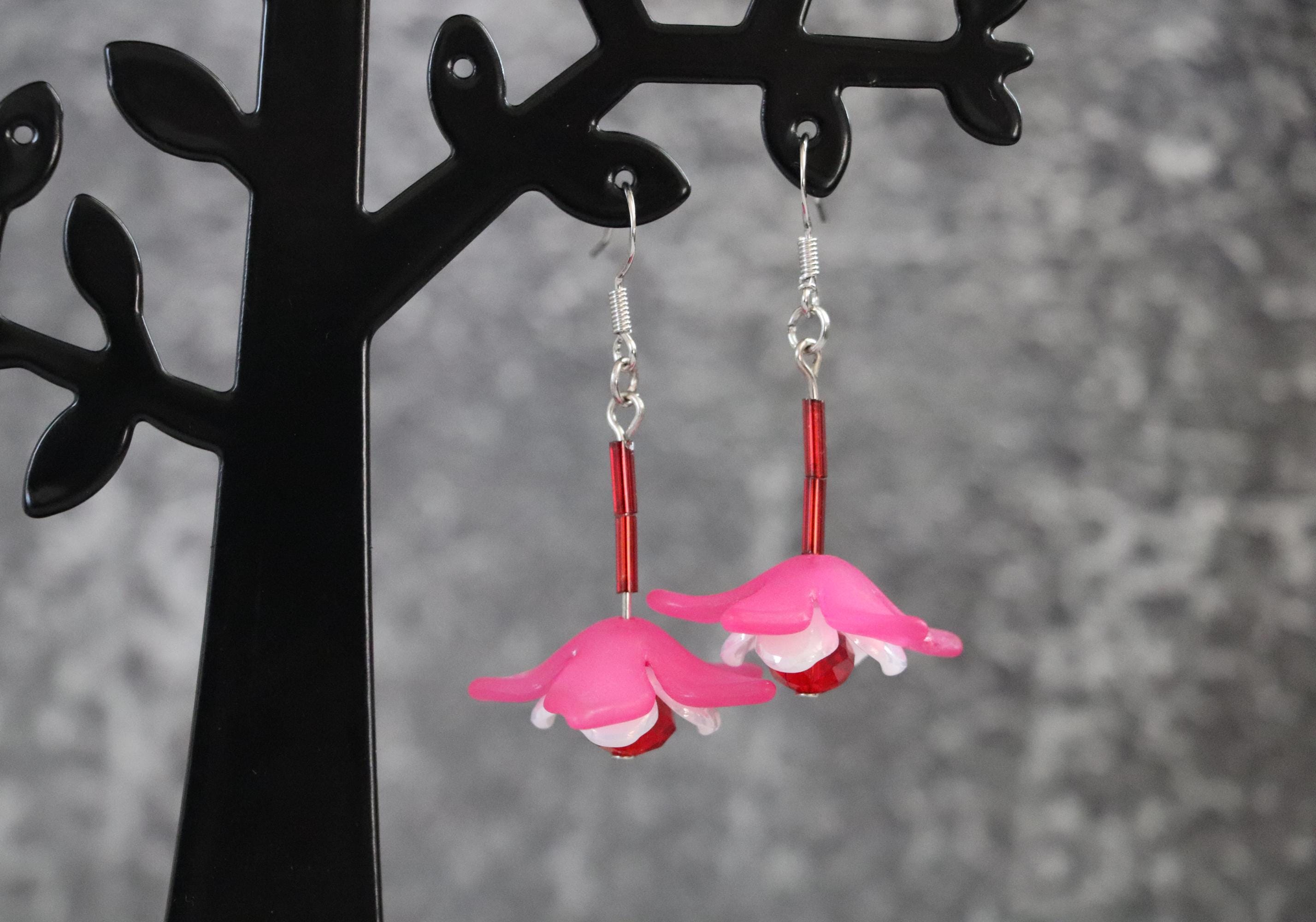 Red Crystal & Pink Flower Earrings