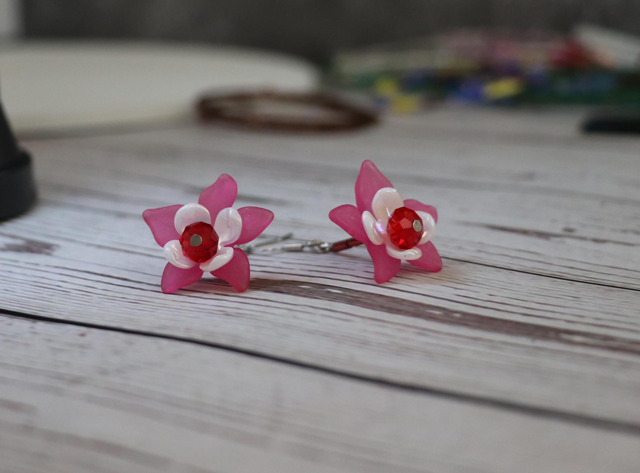 Red Crystal & Pink Flower Earrings
