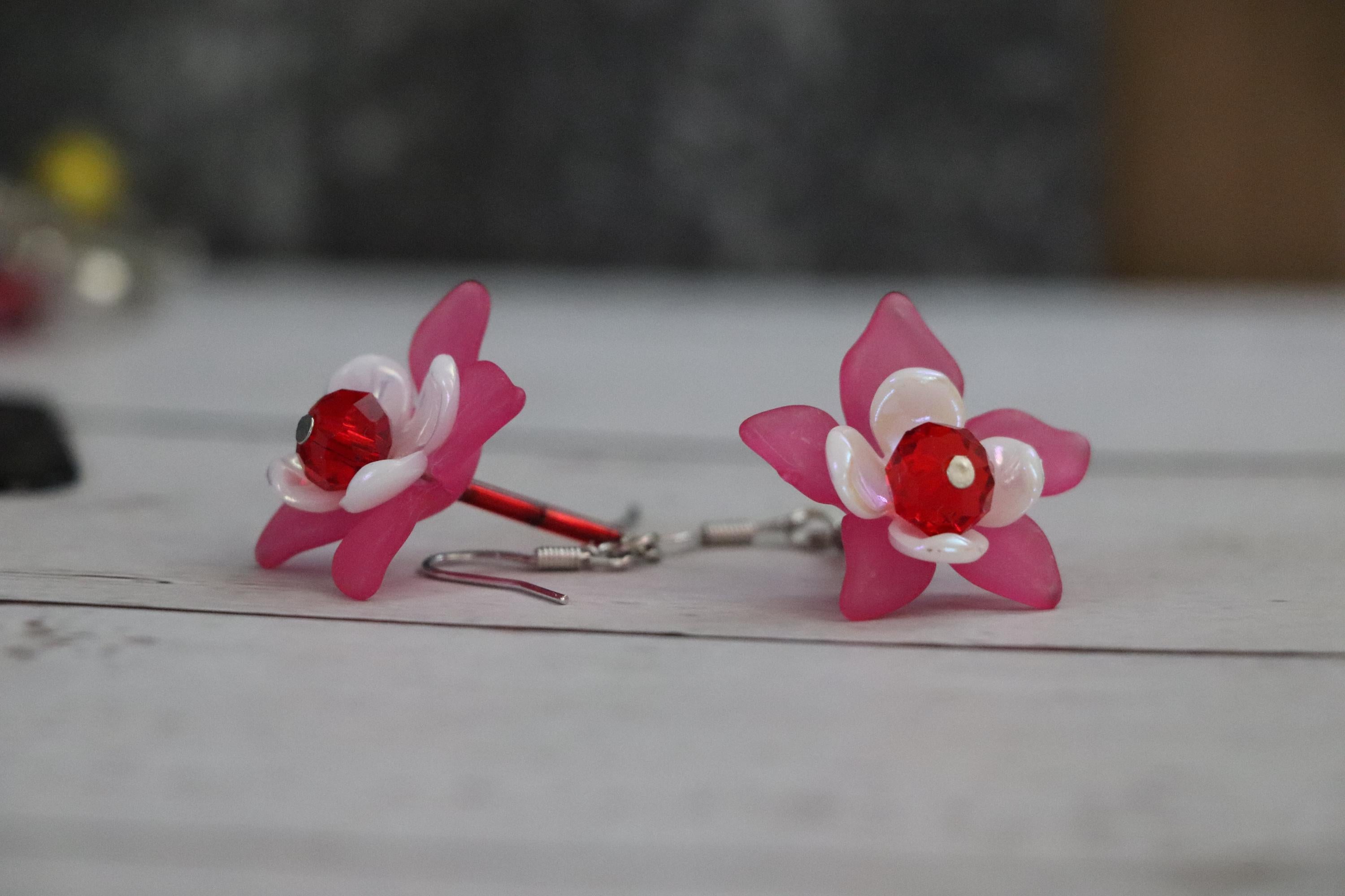 Red Crystal & Pink Flower Earrings