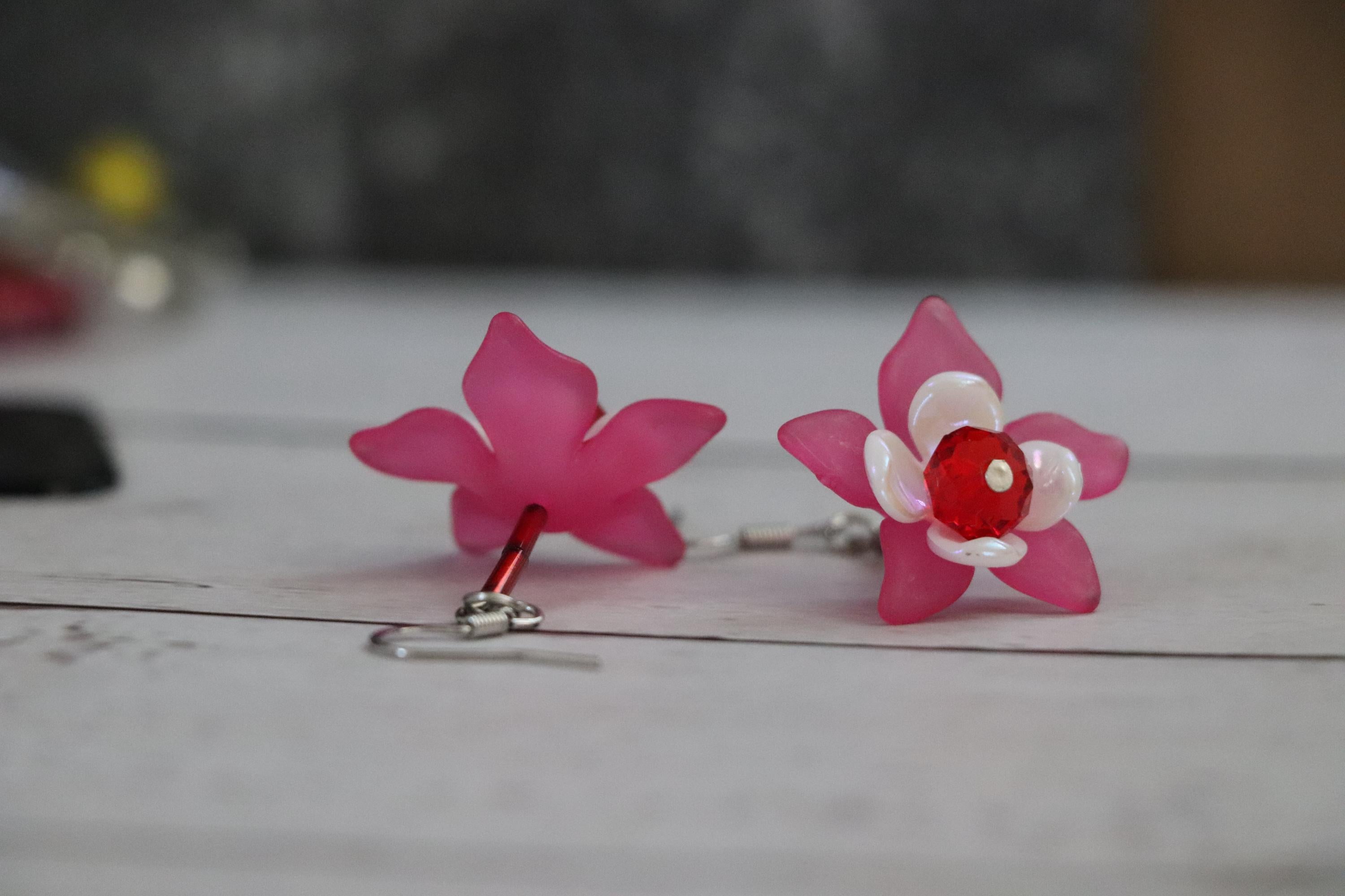 Red Crystal & Pink Flower Earrings