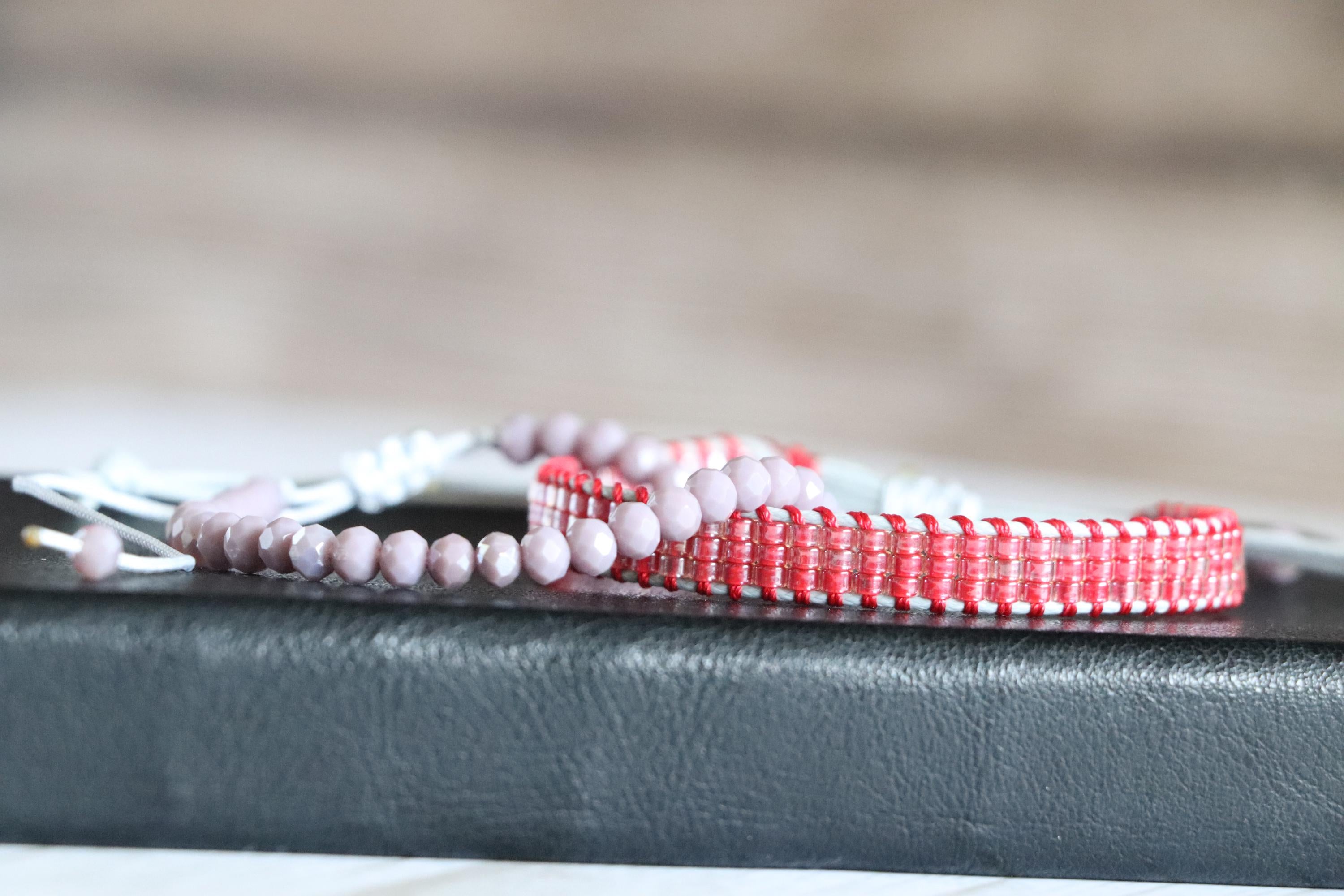 Red Loom Woven Bracelet and Grey Crystal Beaded Bracelet – Handmade Gift Set