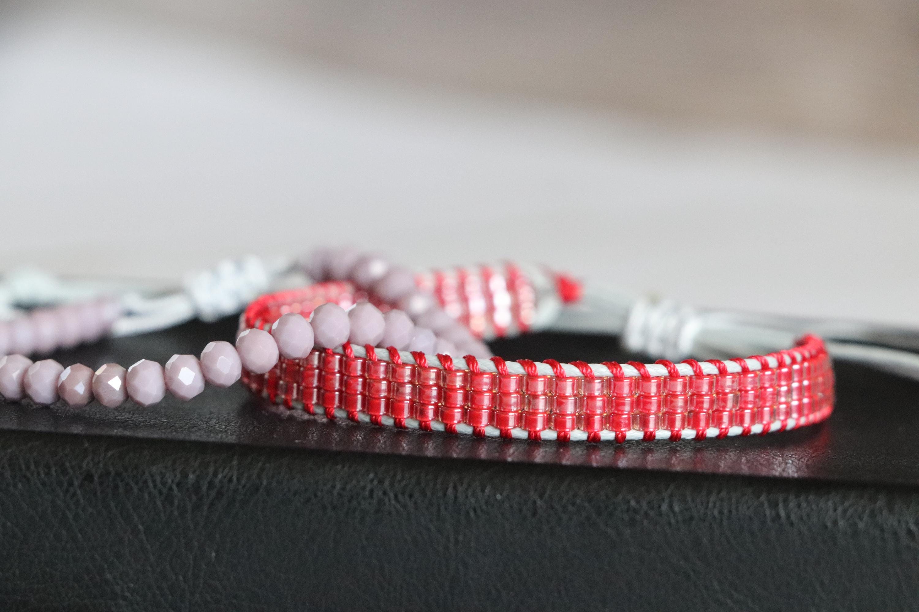Red Loom Woven Bracelet and Grey Crystal Beaded Bracelet – Handmade Gift Set