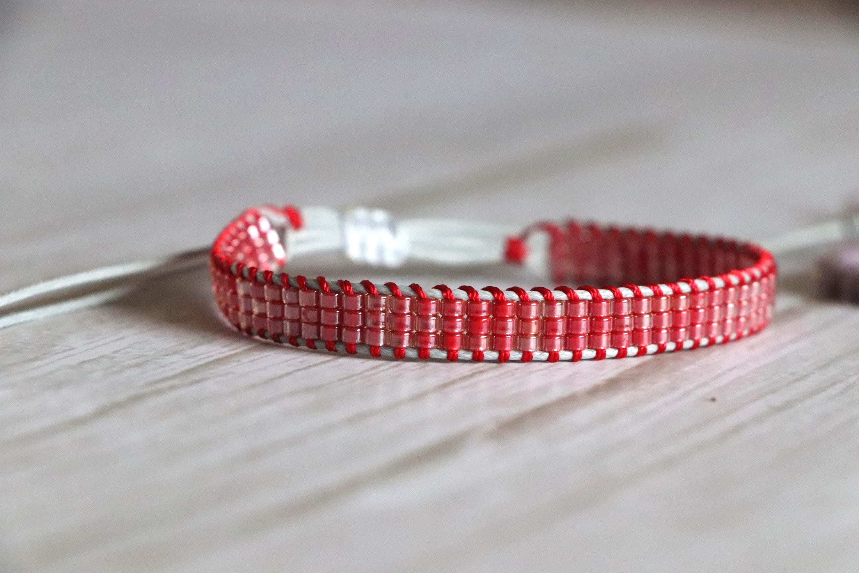 Red Loom Woven Bracelet and Grey Crystal Beaded Bracelet – Handmade Gift Set