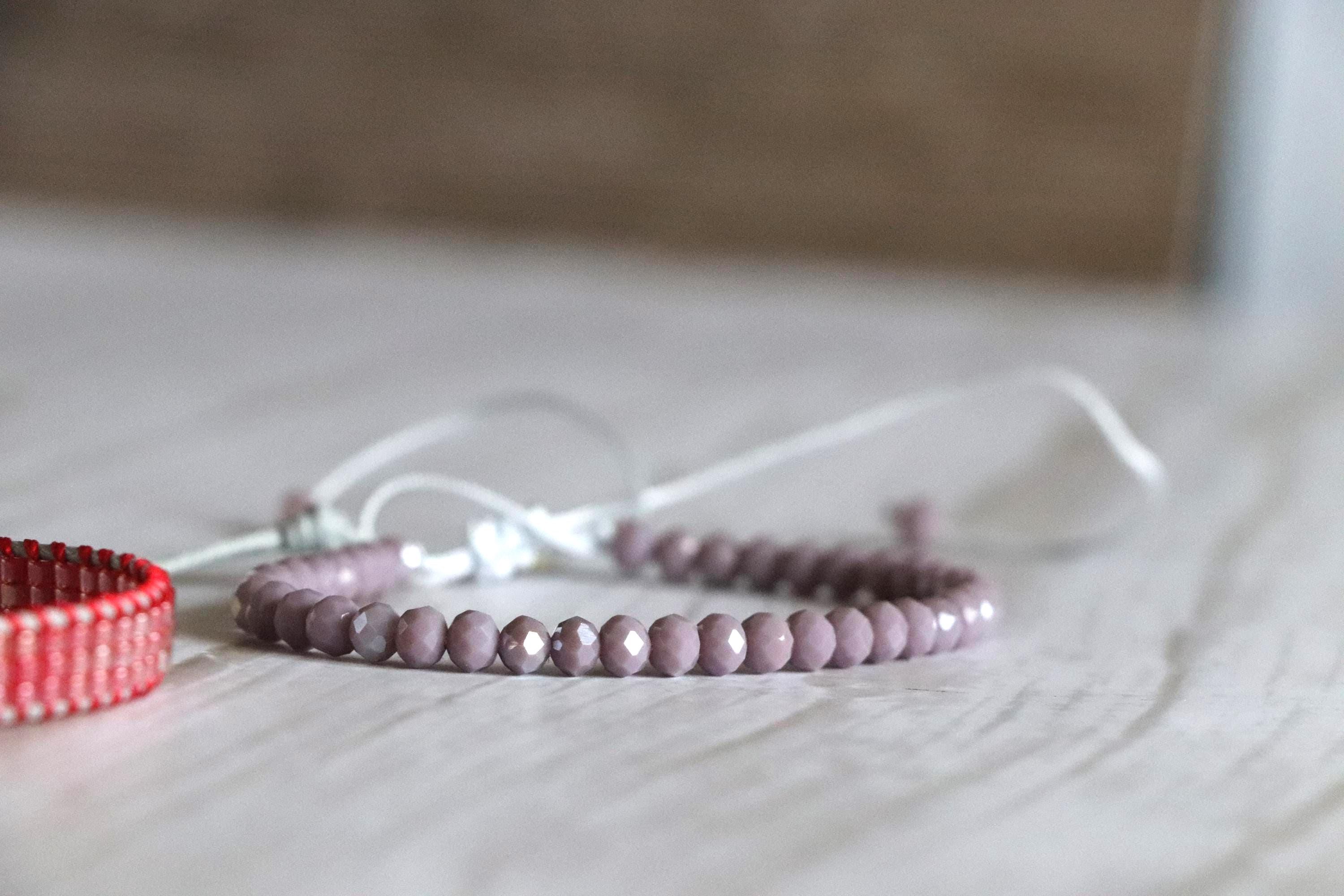 Red Loom Woven Bracelet and Grey Crystal Beaded Bracelet – Handmade Gift Set