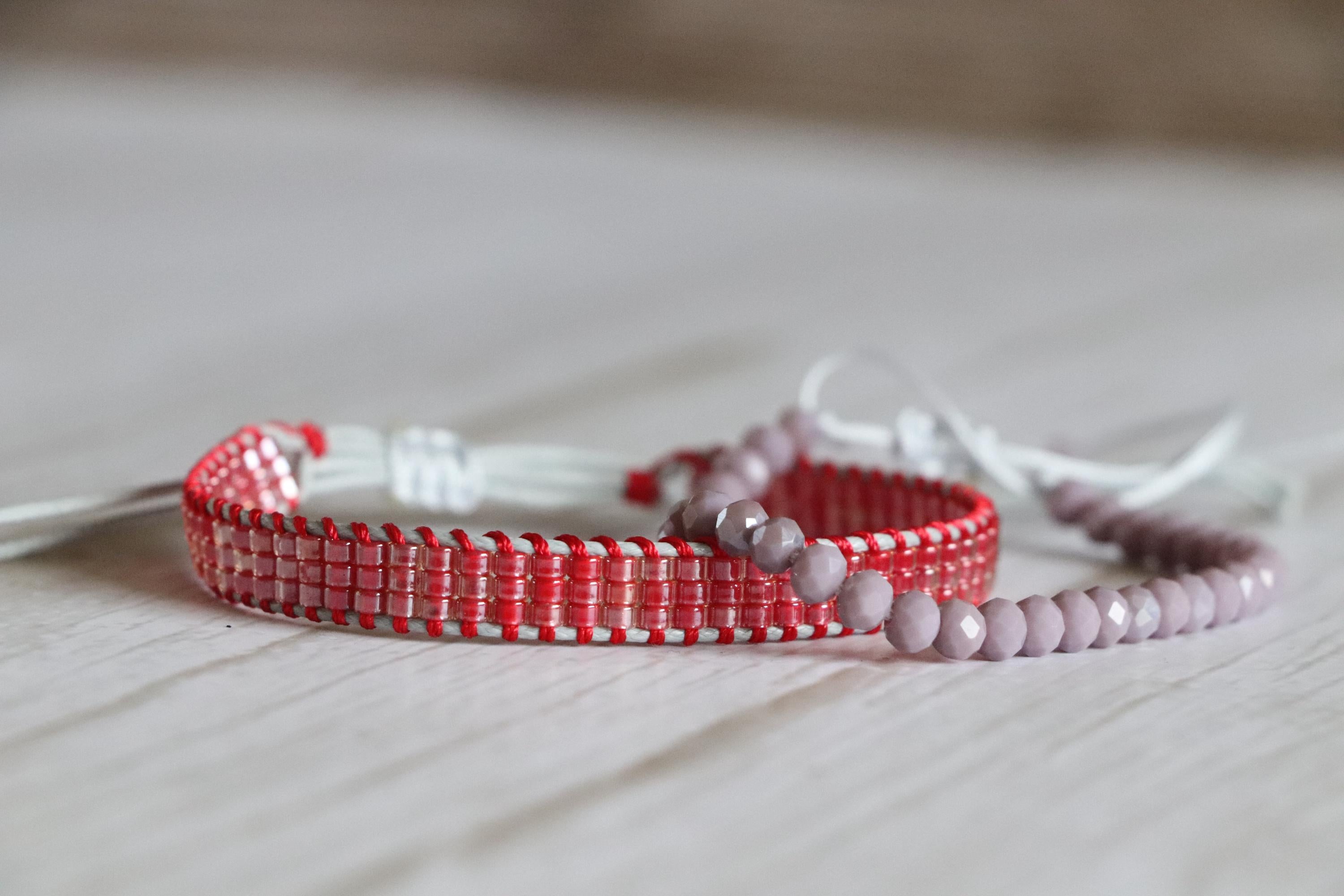 Red Loom Woven Bracelet and Grey Crystal Beaded Bracelet – Handmade Gift Set