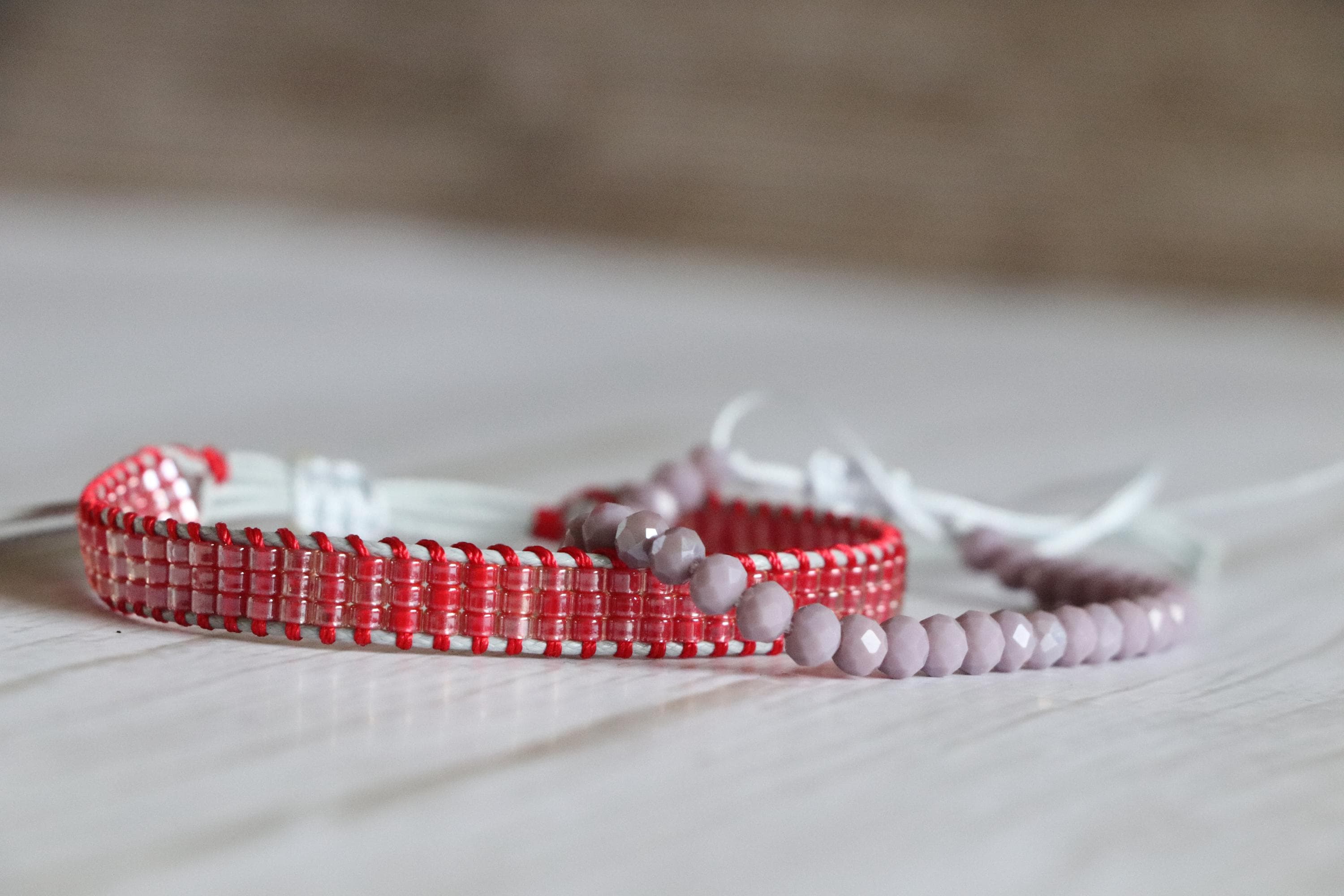 Red Loom Woven Bracelet and Grey Crystal Beaded Bracelet – Handmade Gift Set