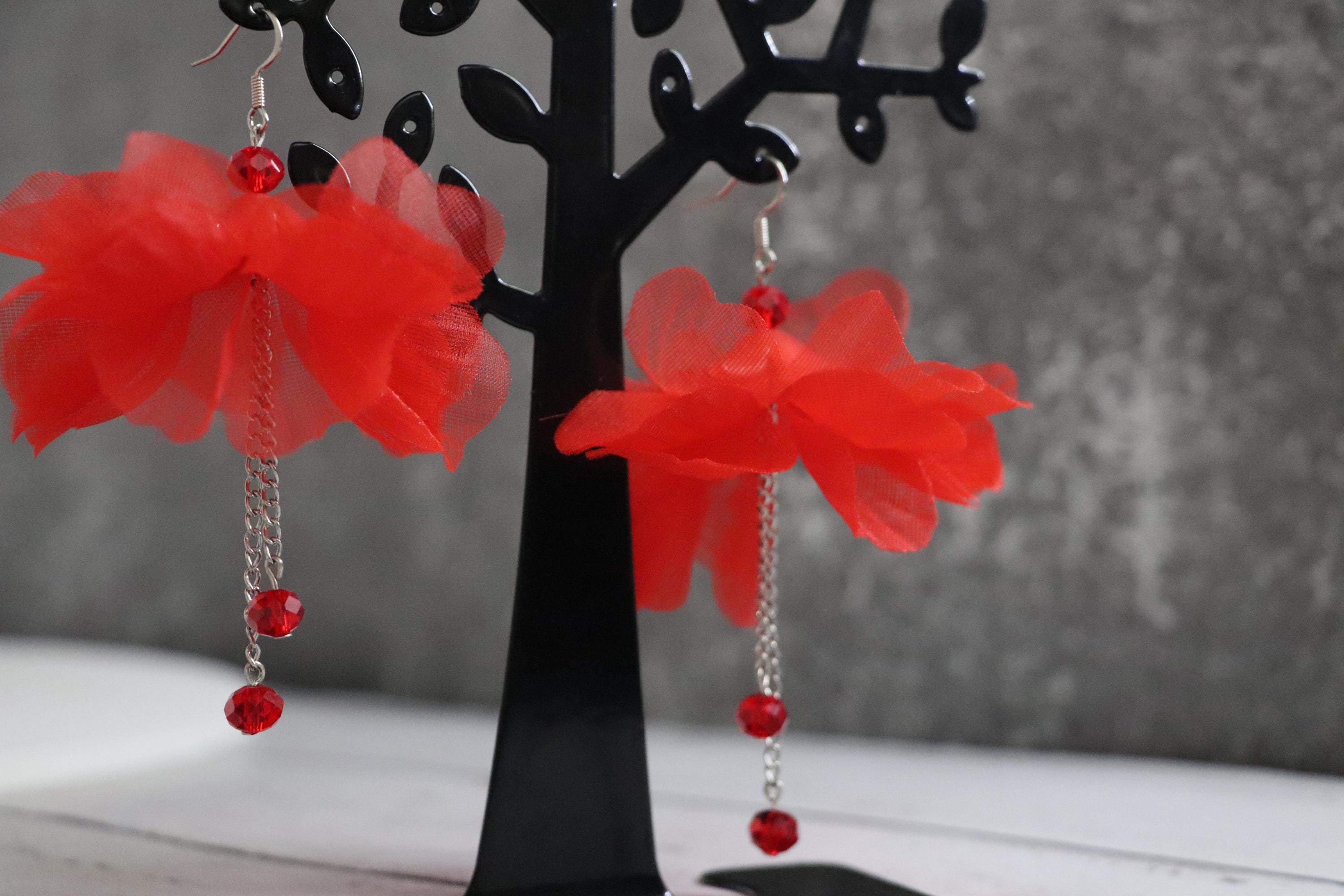 Red Tulip & Crystal Bead Earrings