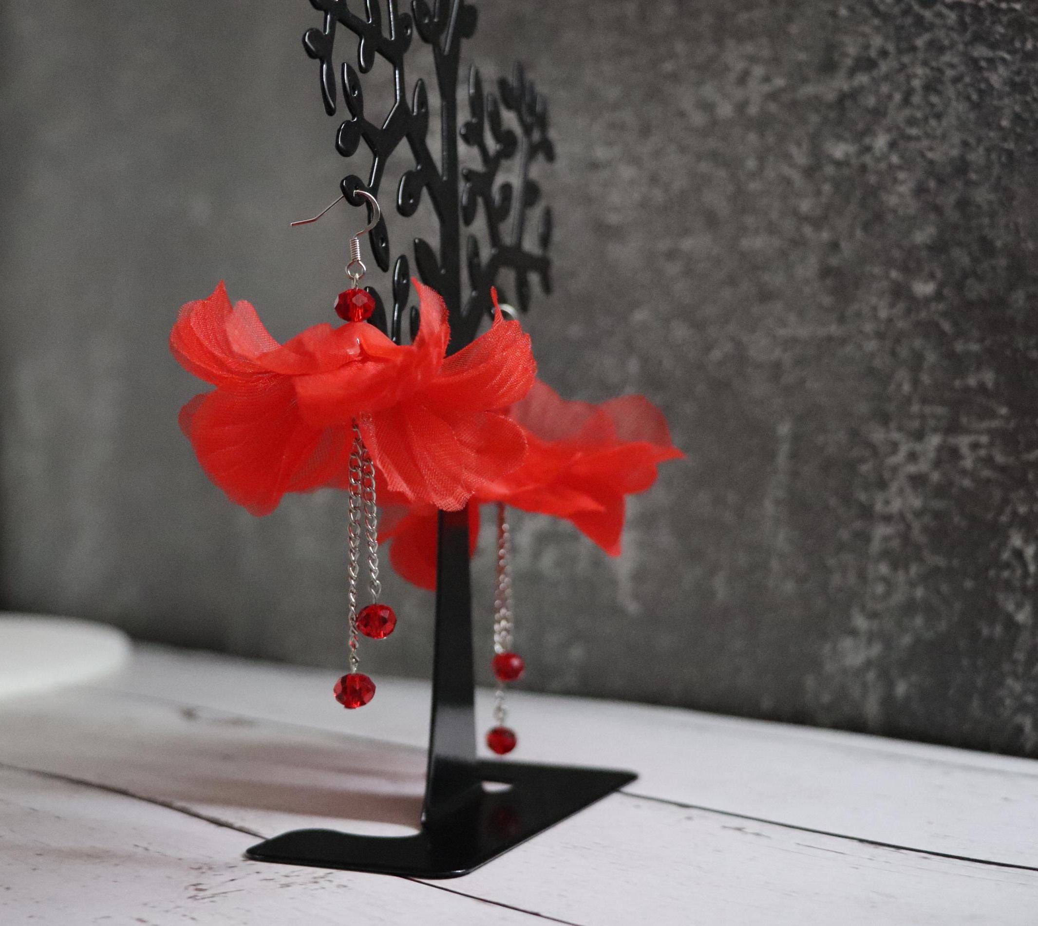 Red Tulip & Crystal Bead Earrings