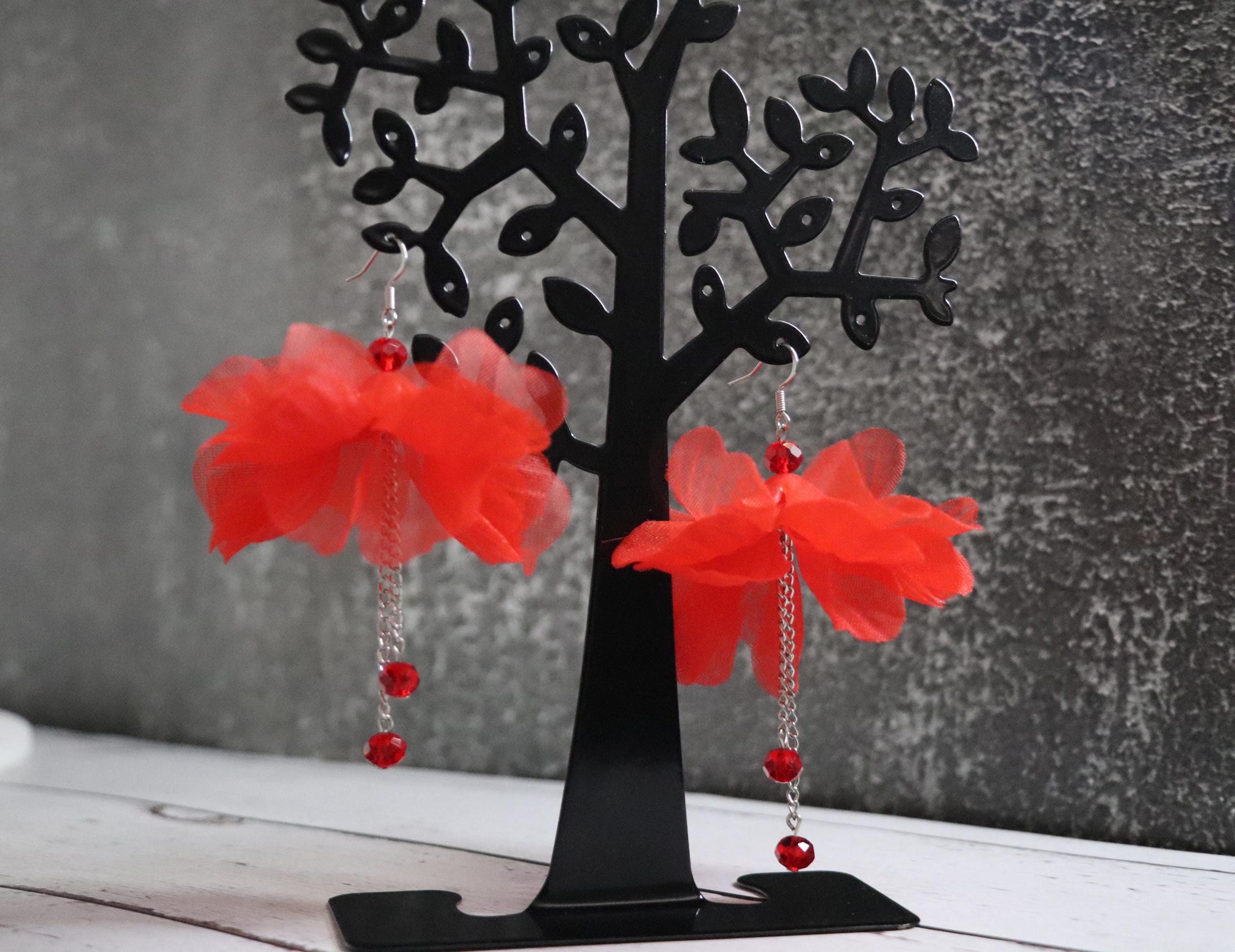 Red Tulip & Crystal Bead Earrings