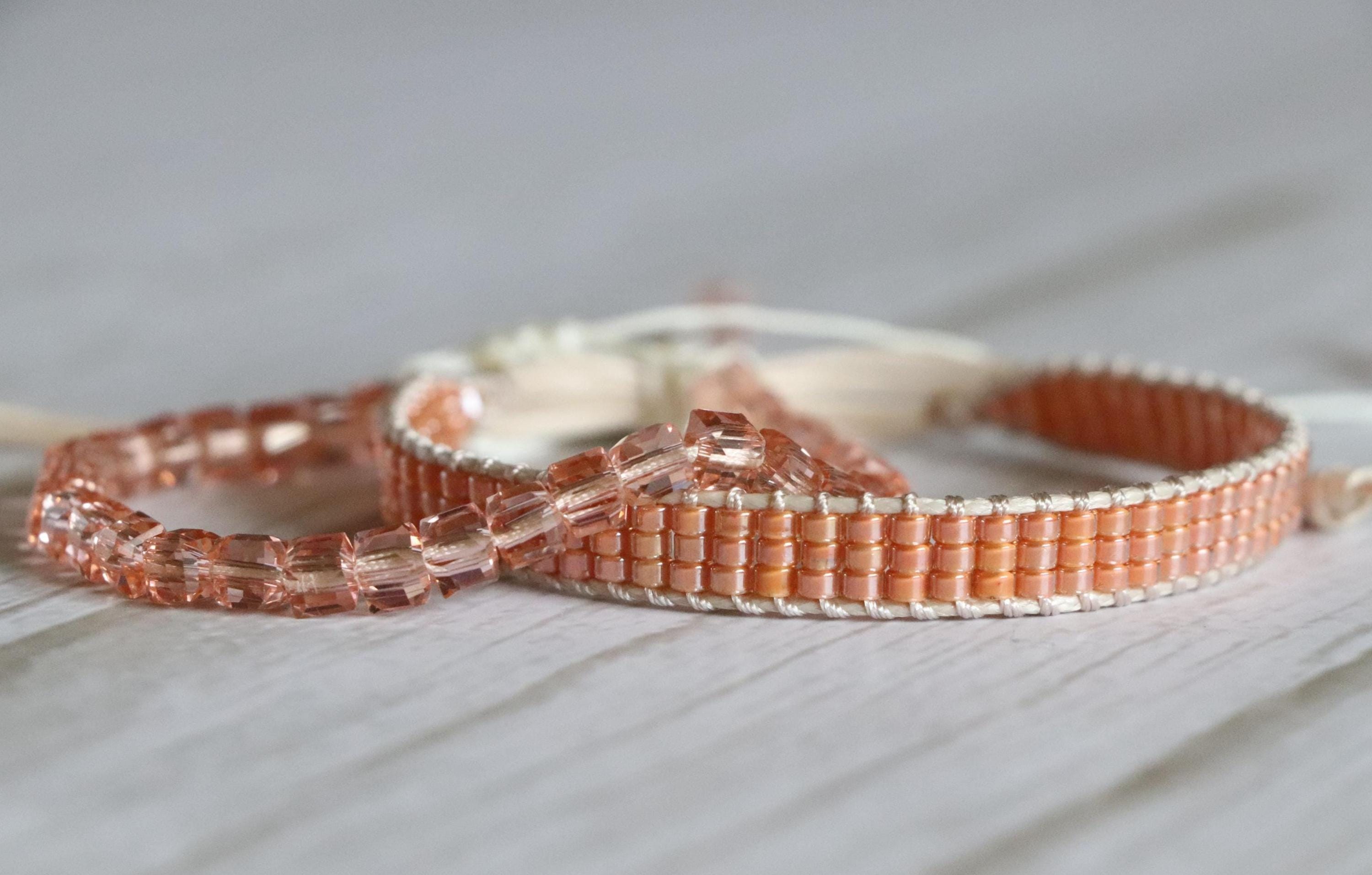 Salmon Loom Woven Bracelet and Beaded Bracelet Set – Handmade Gift for Her