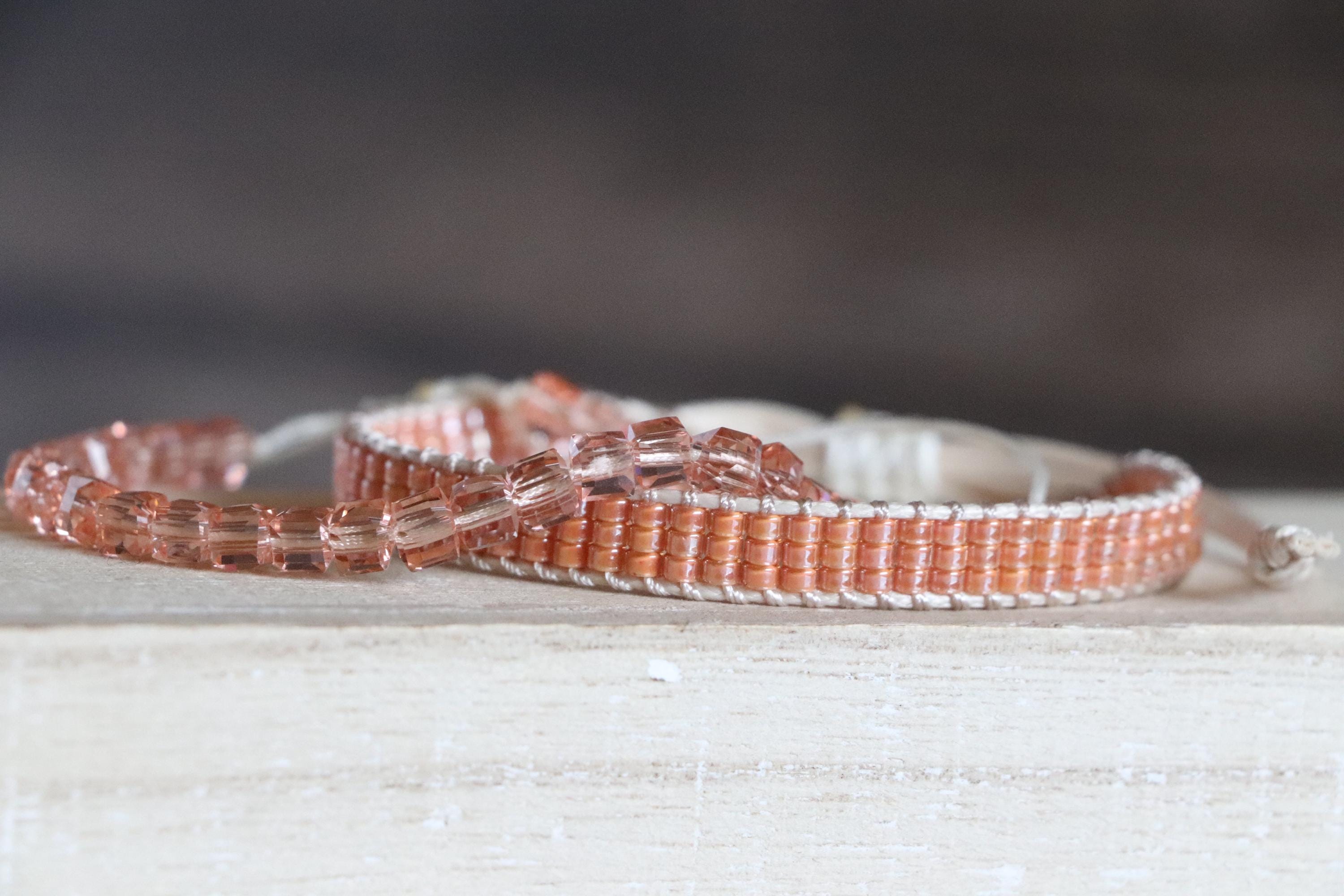 Salmon Loom Woven Bracelet and Beaded Bracelet Set – Handmade Gift for Her