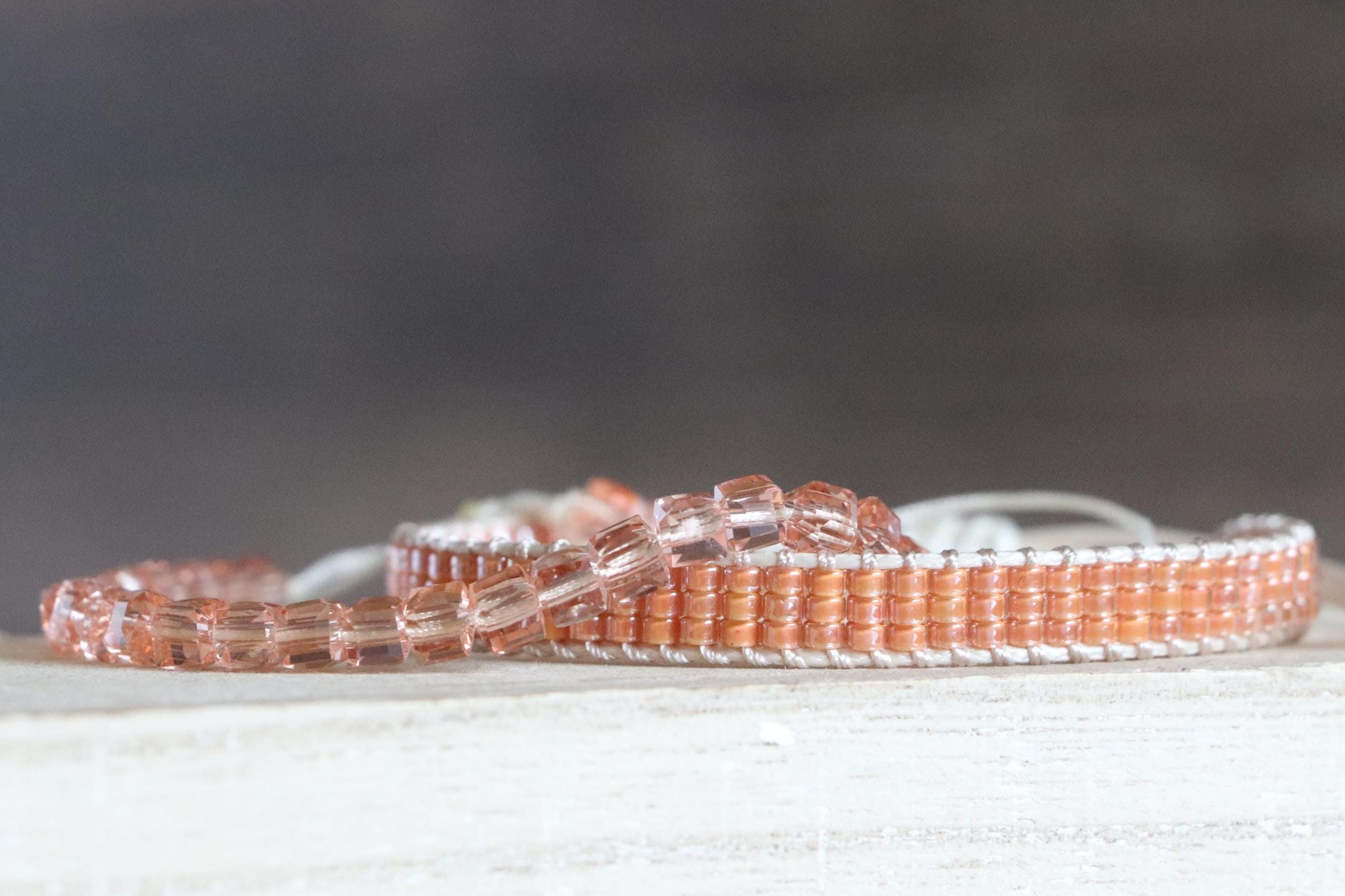 Salmon Loom Woven Bracelet and Beaded Bracelet Set – Handmade Gift for Her